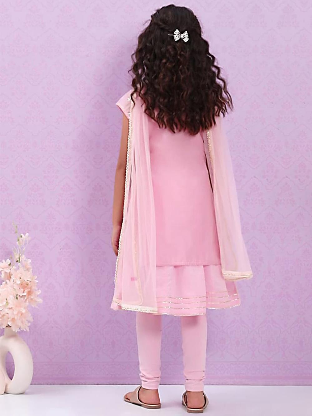 Pink Cotton Blend Flared Kurta Churidar Suit Set image number 5
