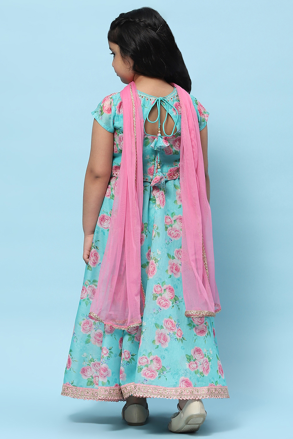 Blue Poly Chanderi Floral Printed Flared Lehenga Set image number 5