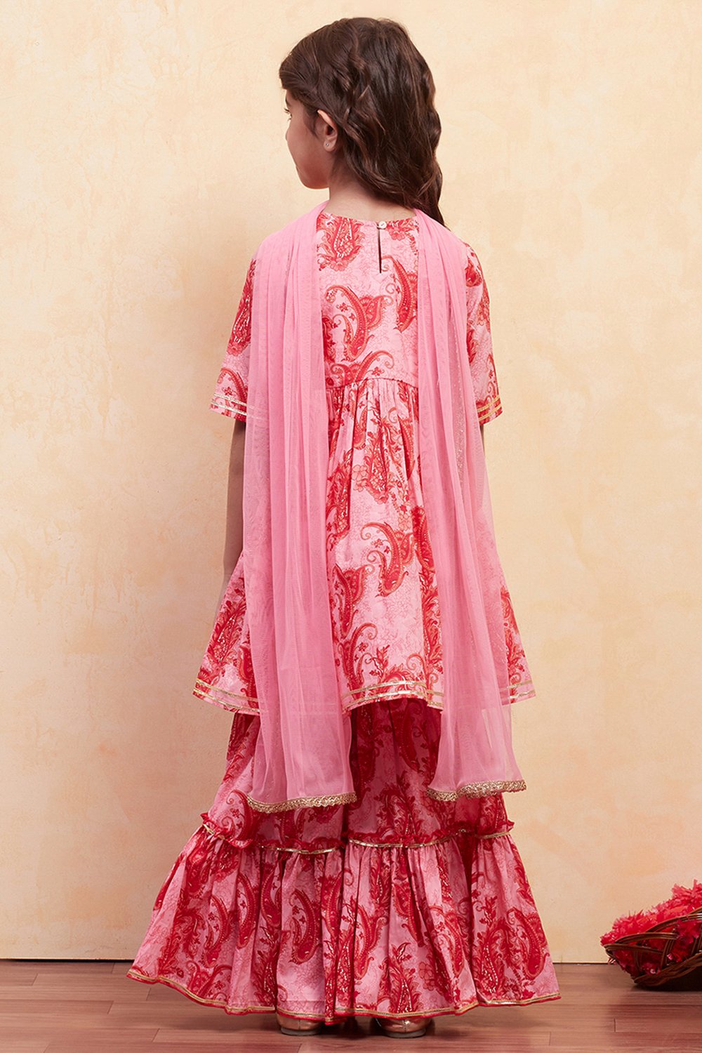 Pink Cotton Printed Gathered Suit Set image number 4