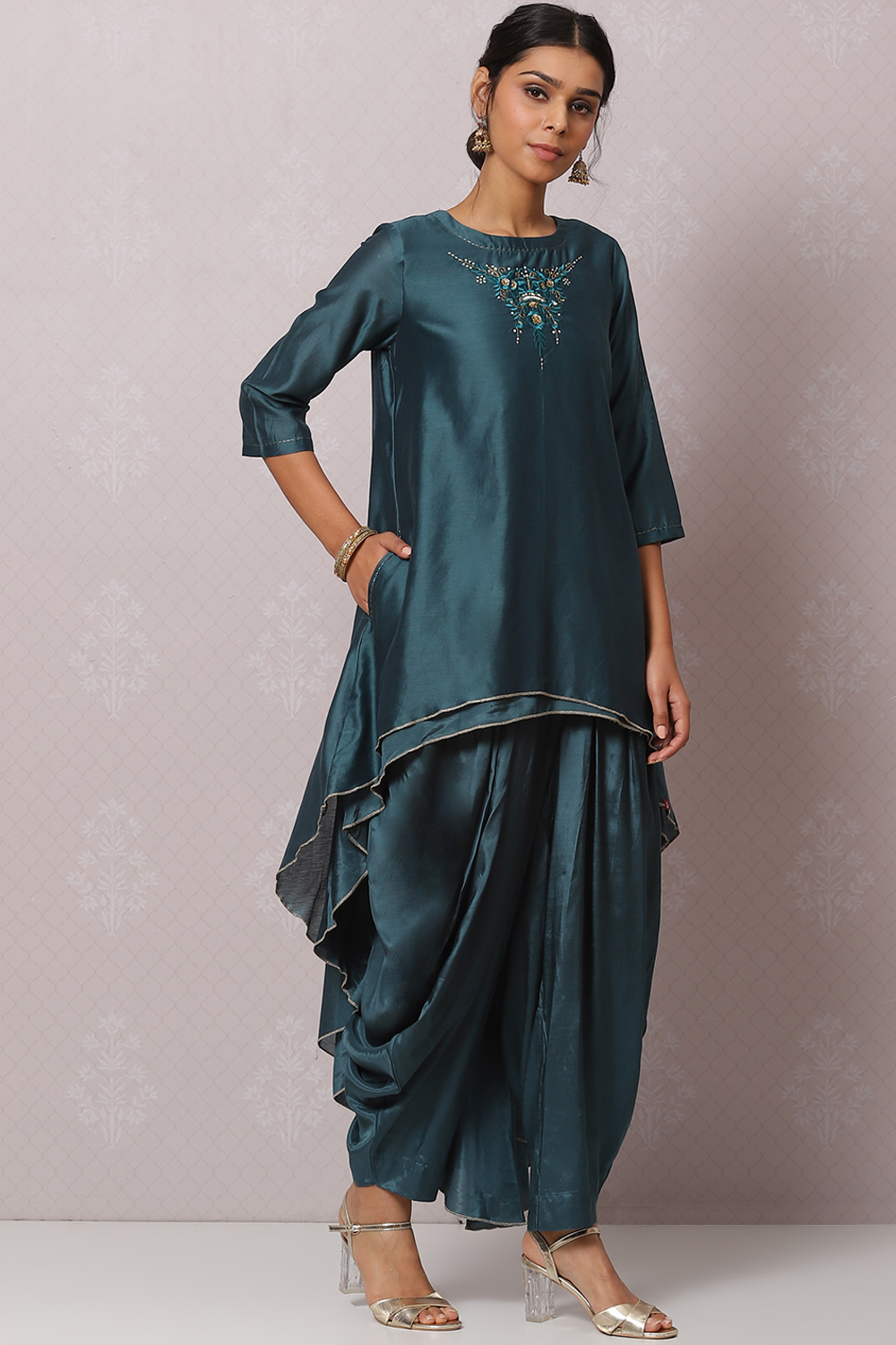 Teal Flared Cotton Silk Fusion Wear 2 Piece Set image number 3