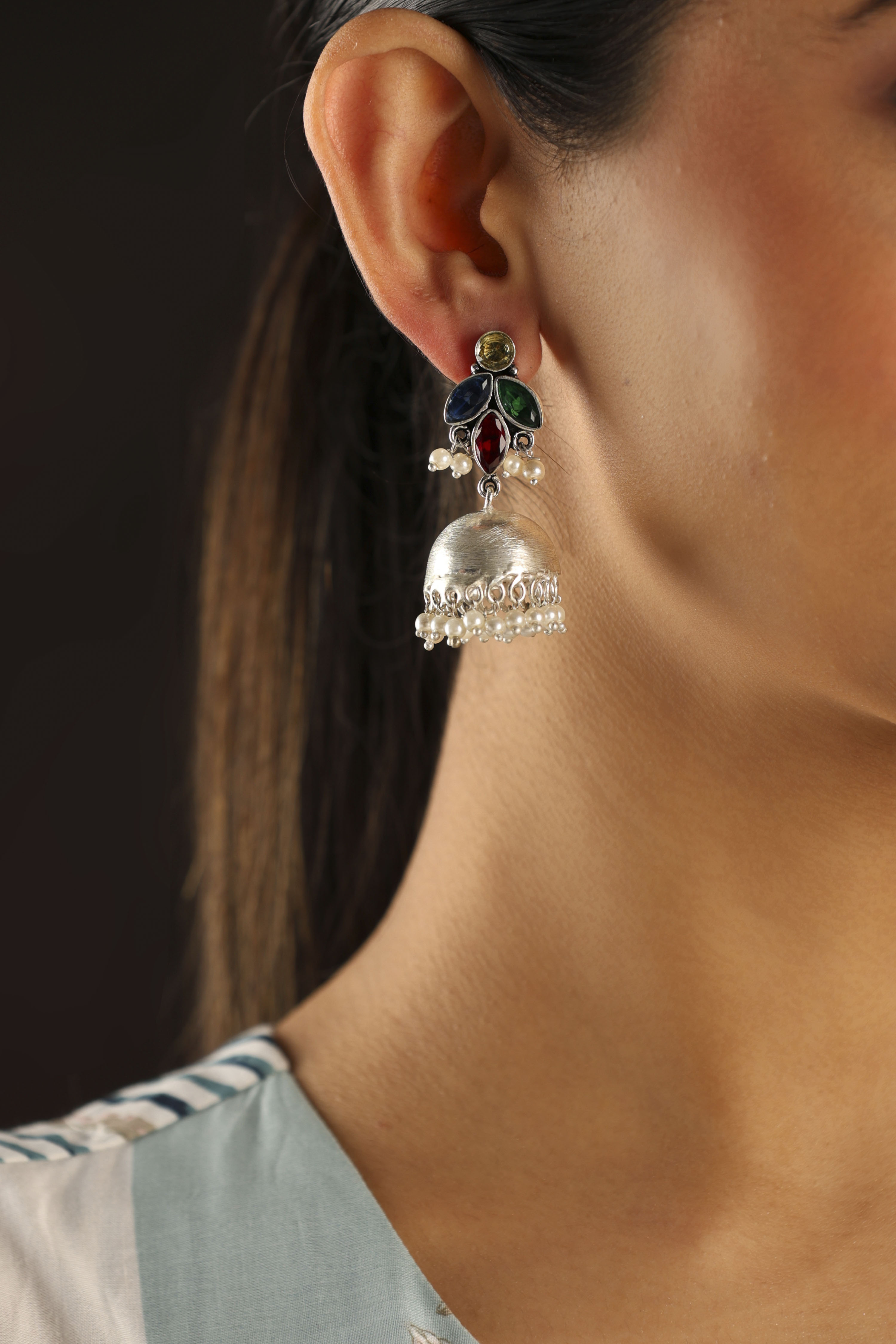 Multicoloured Oxidised Brass Studded Jhumkas image number 1