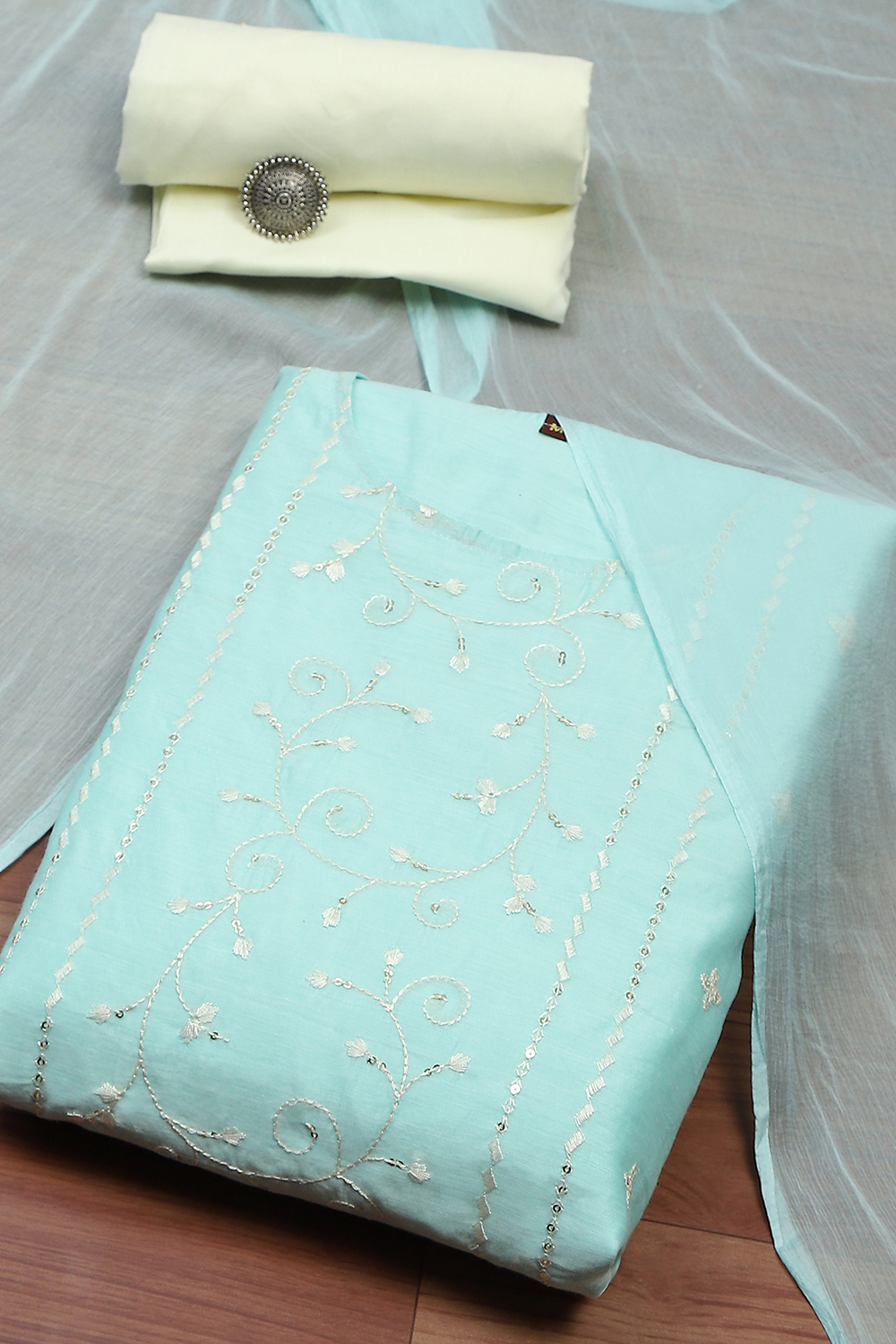 Peach Modal Satin Machine Embroidered Unstitched Suit Set image number 0