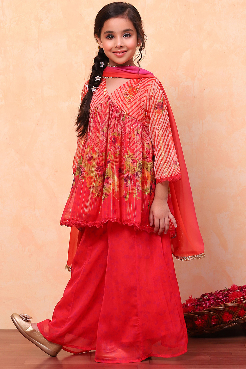 Coral Chiffon Floral Printed Festive Gathered Suit Set image number 5