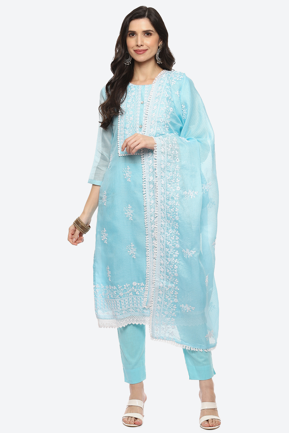 Turquoise Cotton Blend Unstitched Suit Set image number 0