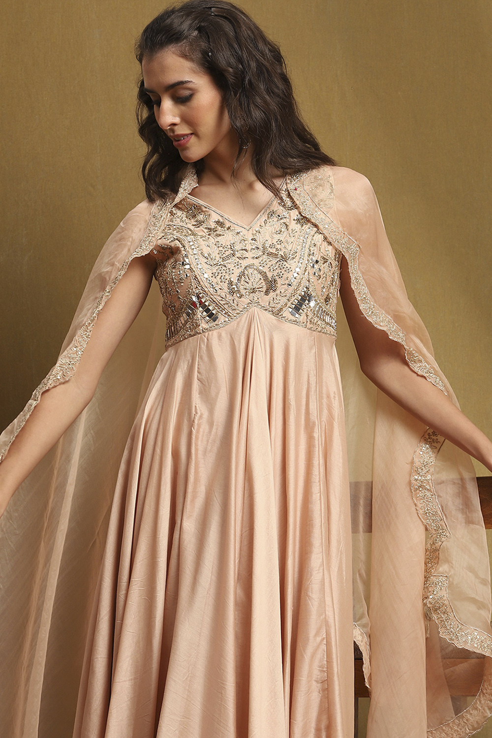 Beige Silk Chanderi Embroidered Asymmetric Suit Set image number 7