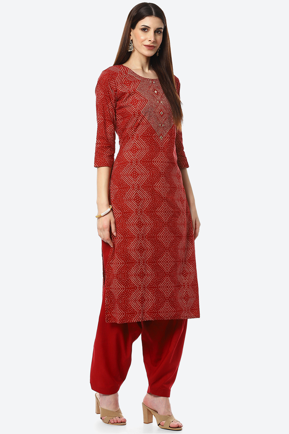 Red Cotton Unstitched Suit Set image number 5