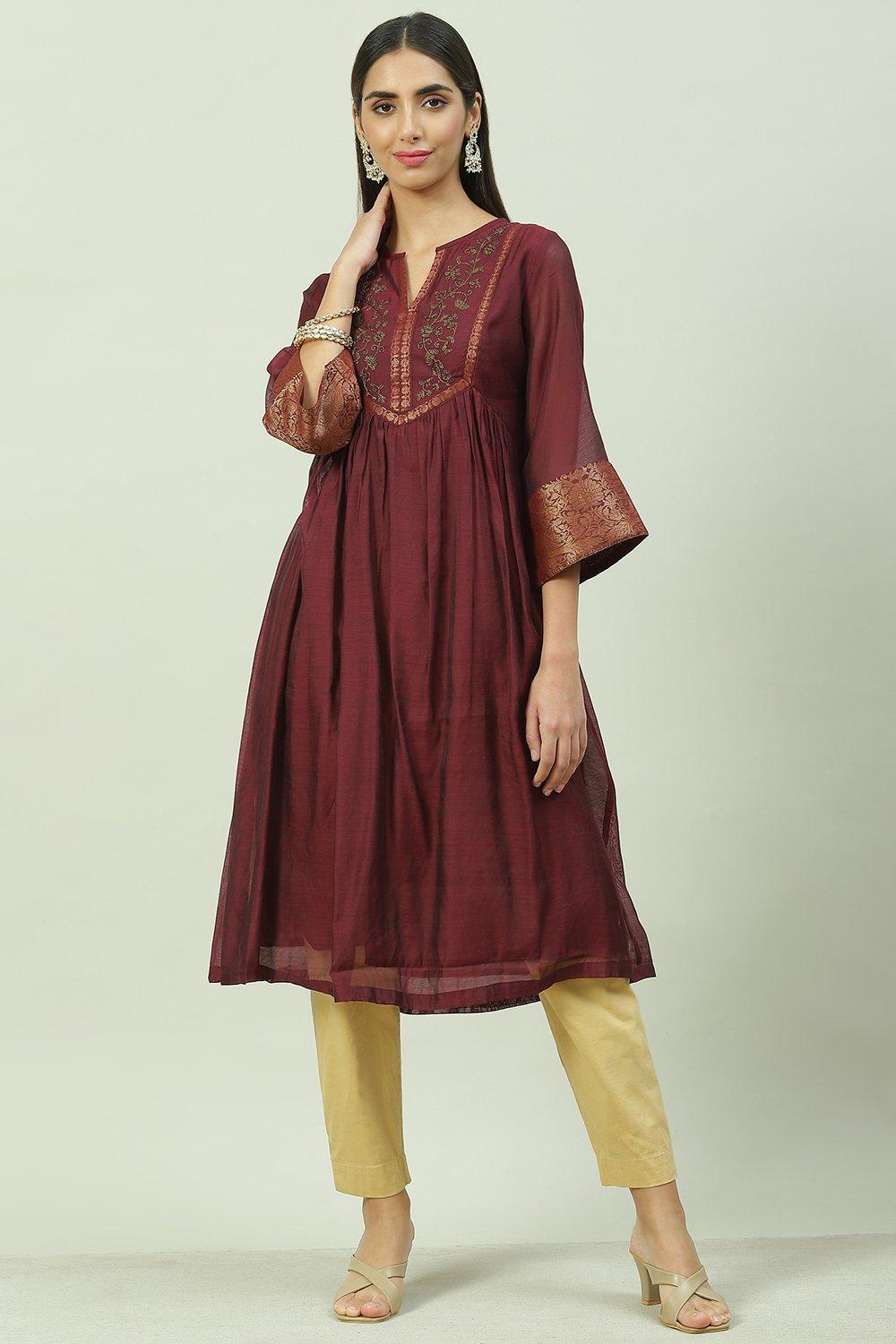 Wine Art Silk A-Line Yarndyed Kurta image number 0