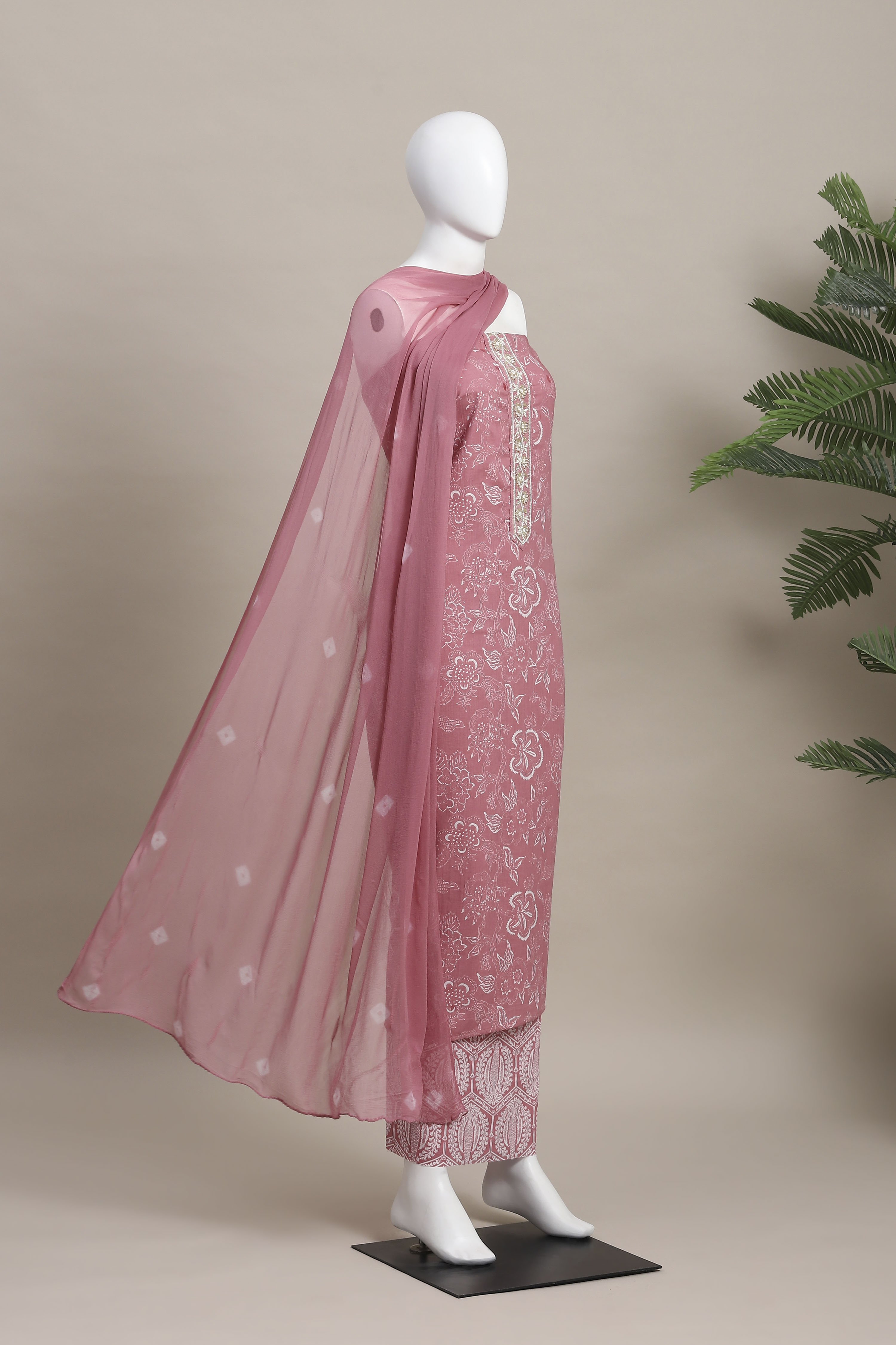 Pink Cotton Printed Embroidered Unstitched Suit Set image number 4