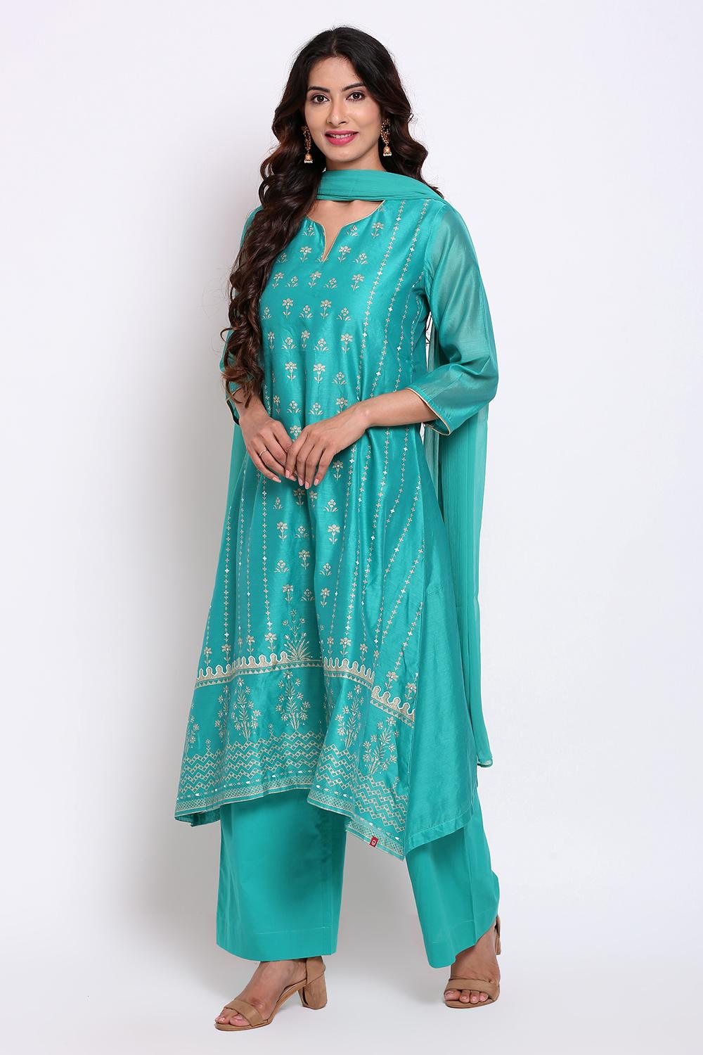 Green Straight Kurta Palazzo Suit Set image number 2