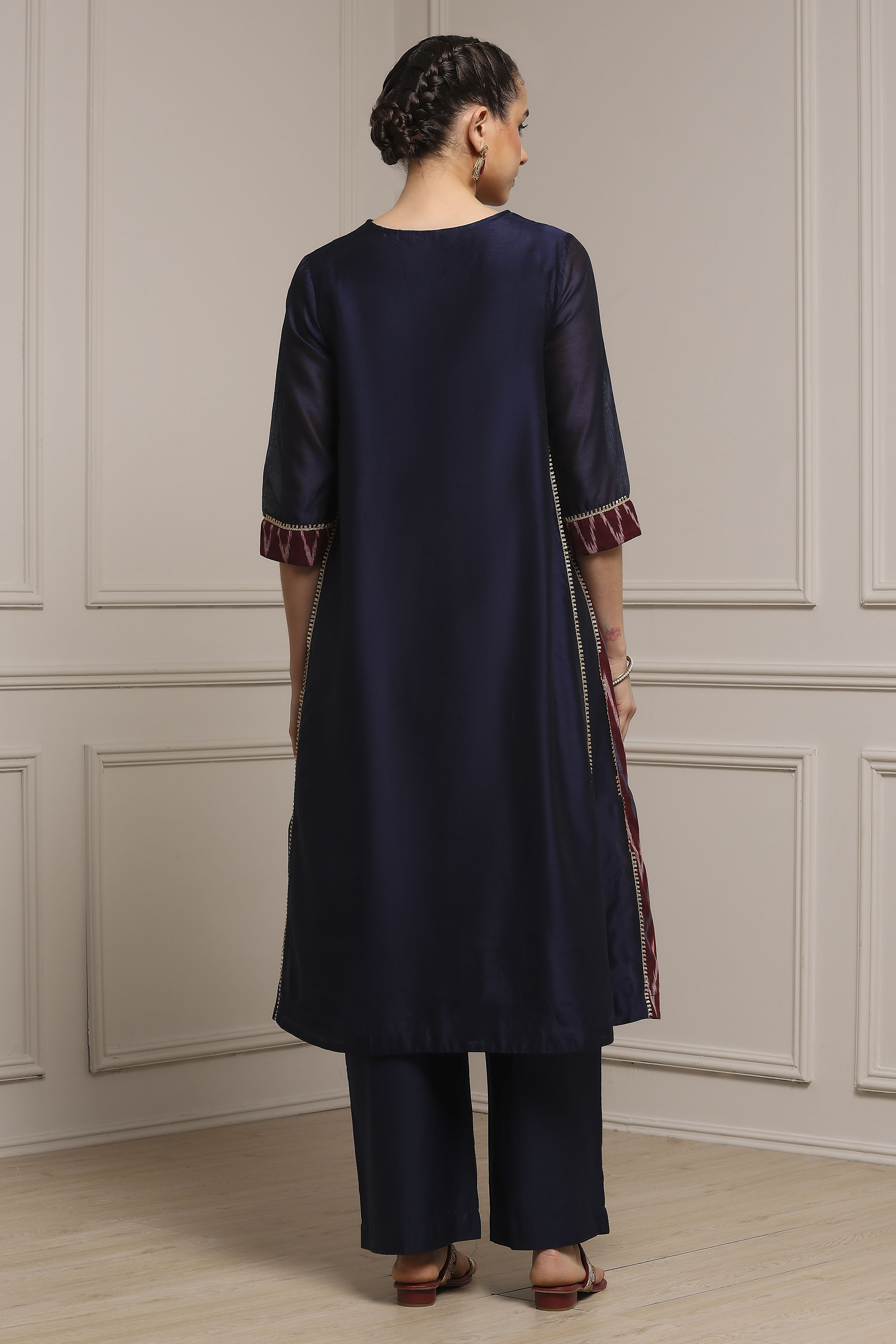 Blue Silk Chanderi Printed Embroidered A-Line Kurta Set image number 4