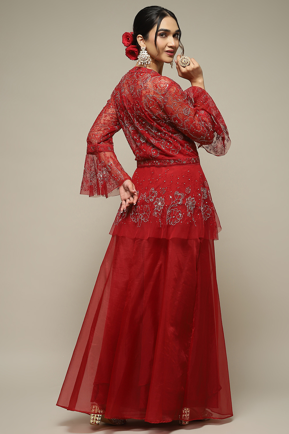 Red Nylon Straight Kurta Sharara Suit Set image number 4