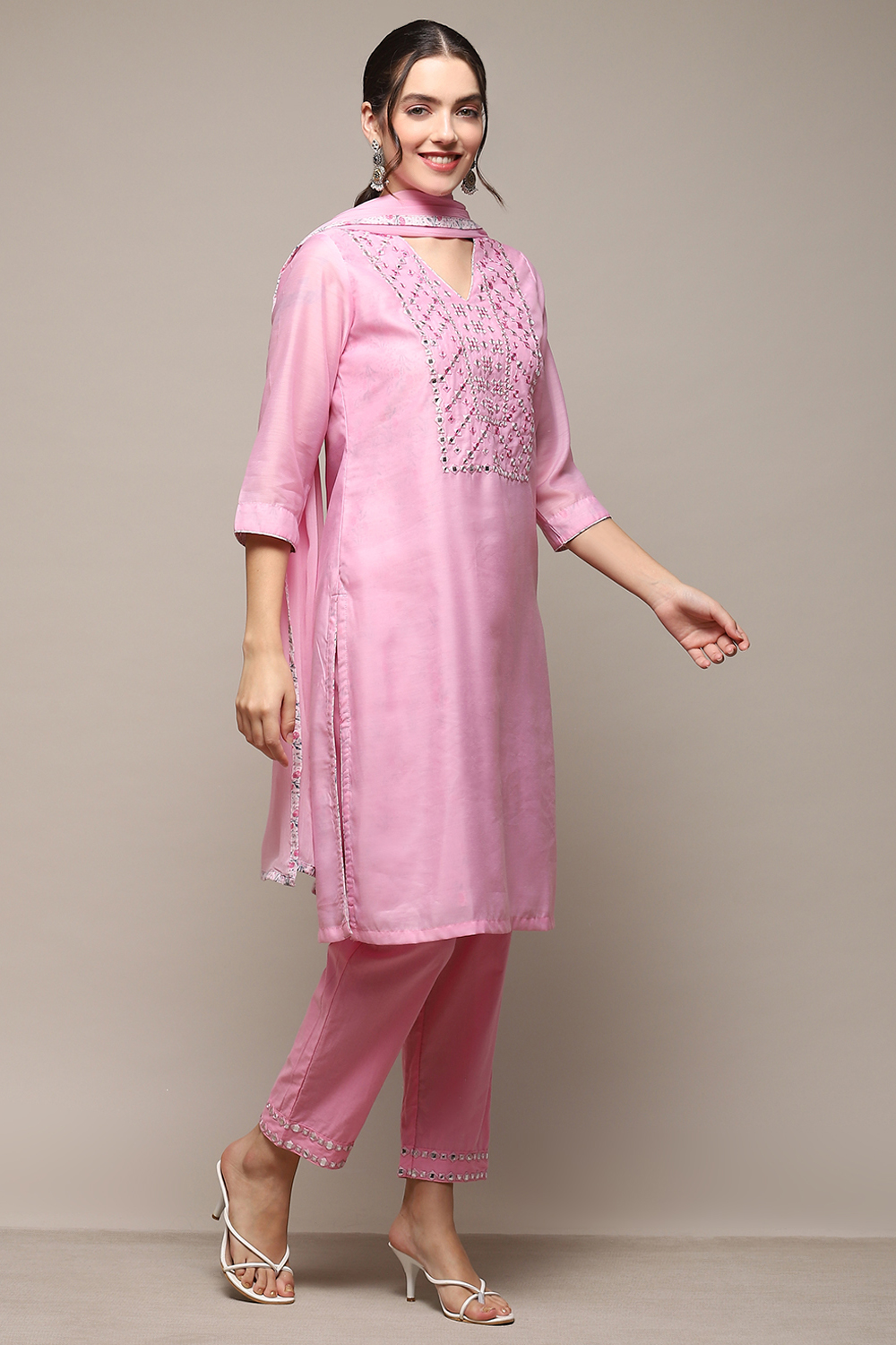 Powder Blue Cambric Narrow Kurta Pant Suit Set image number 6