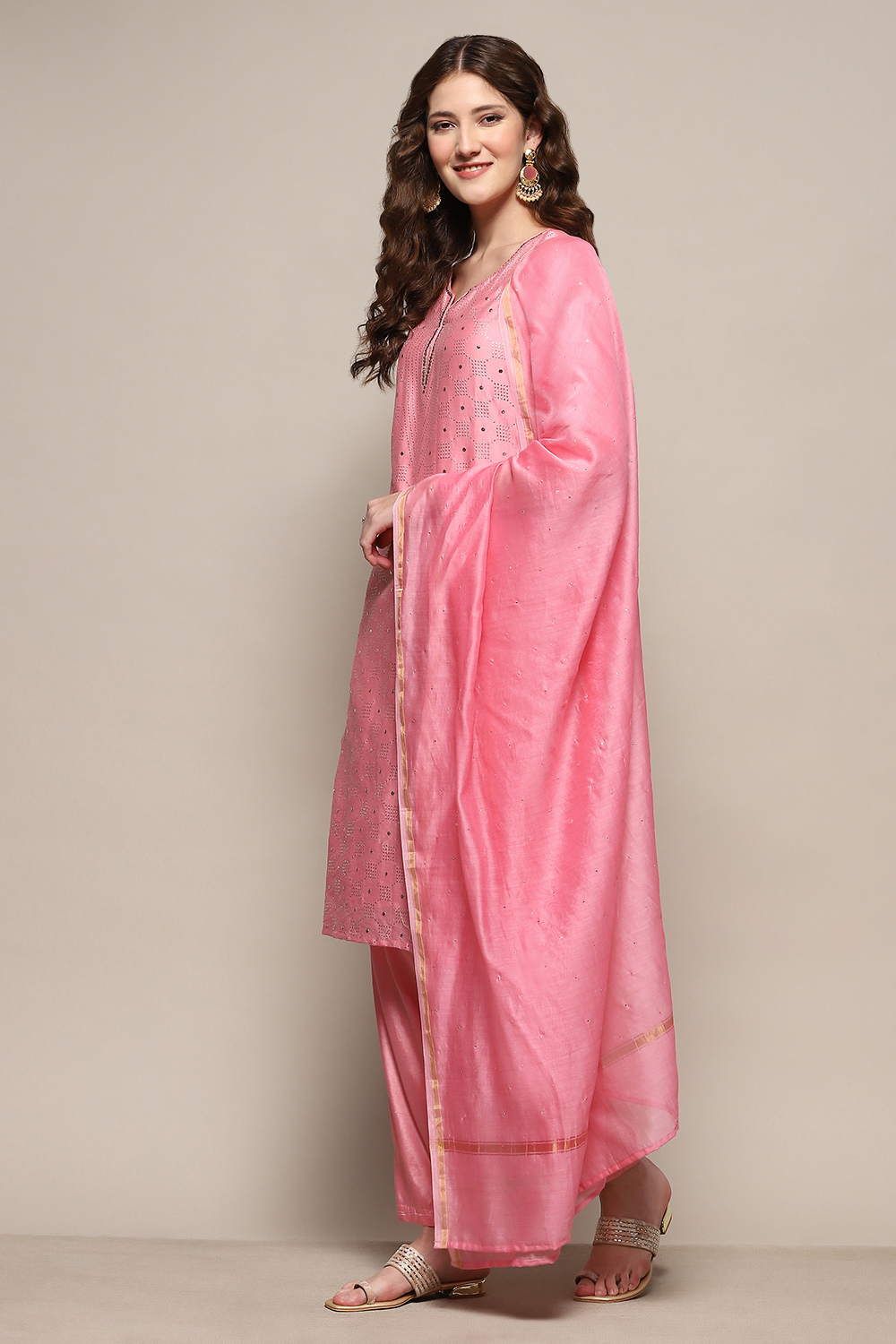 Pink Yard-Dyed Chanderi Kurta & Pants Suit Set image number 4