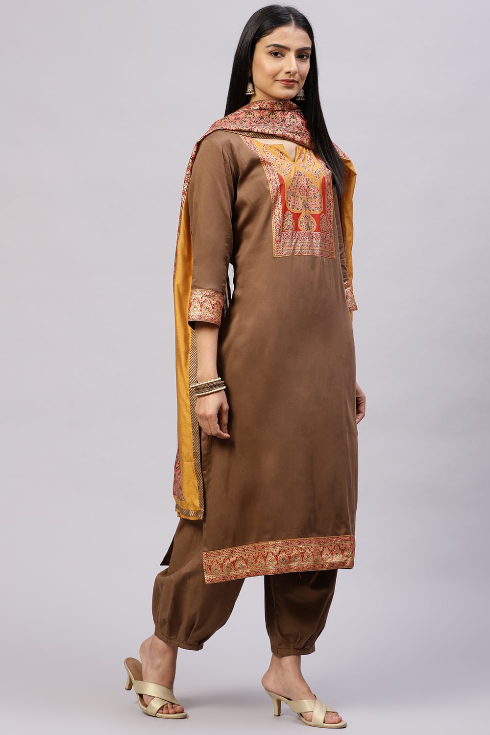 Brown Cotton Blend Digital Print Unstitched Suit Set image number 6