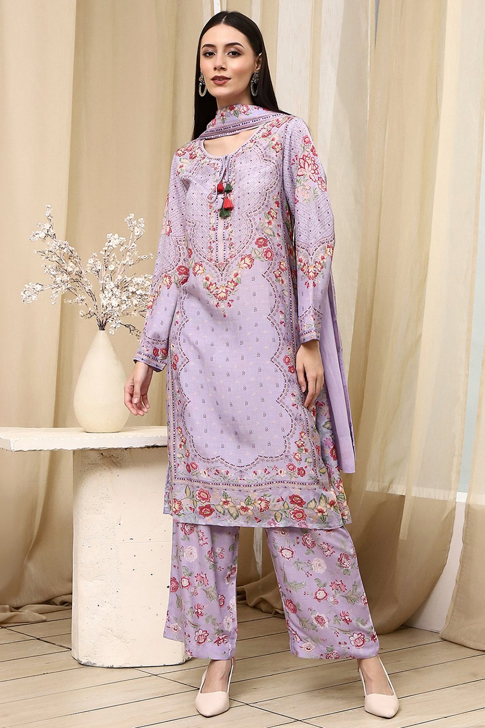 Purple Modal Blend Straight Suit Set image number 6