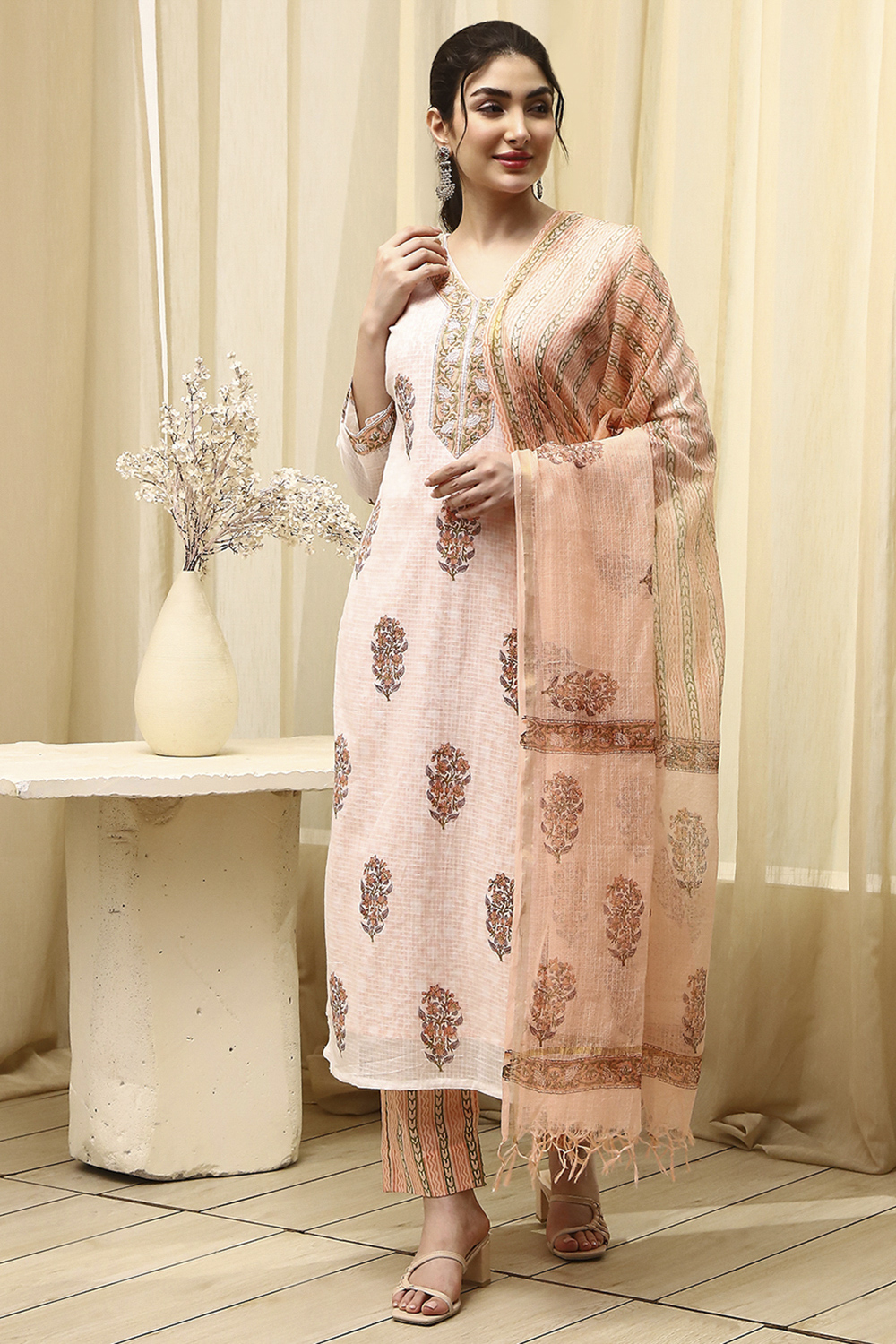 Blue Cotton Hand Block Print Unstitched Suit Set image number 1