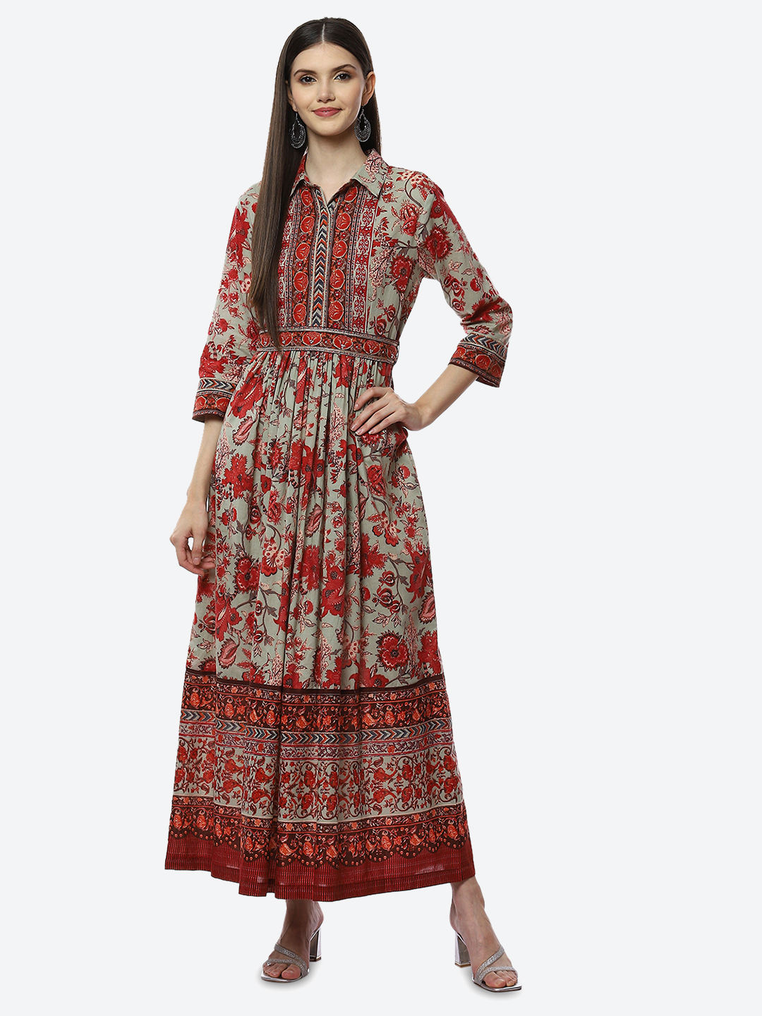 Green Cotton Flared Printed Dress image number 0