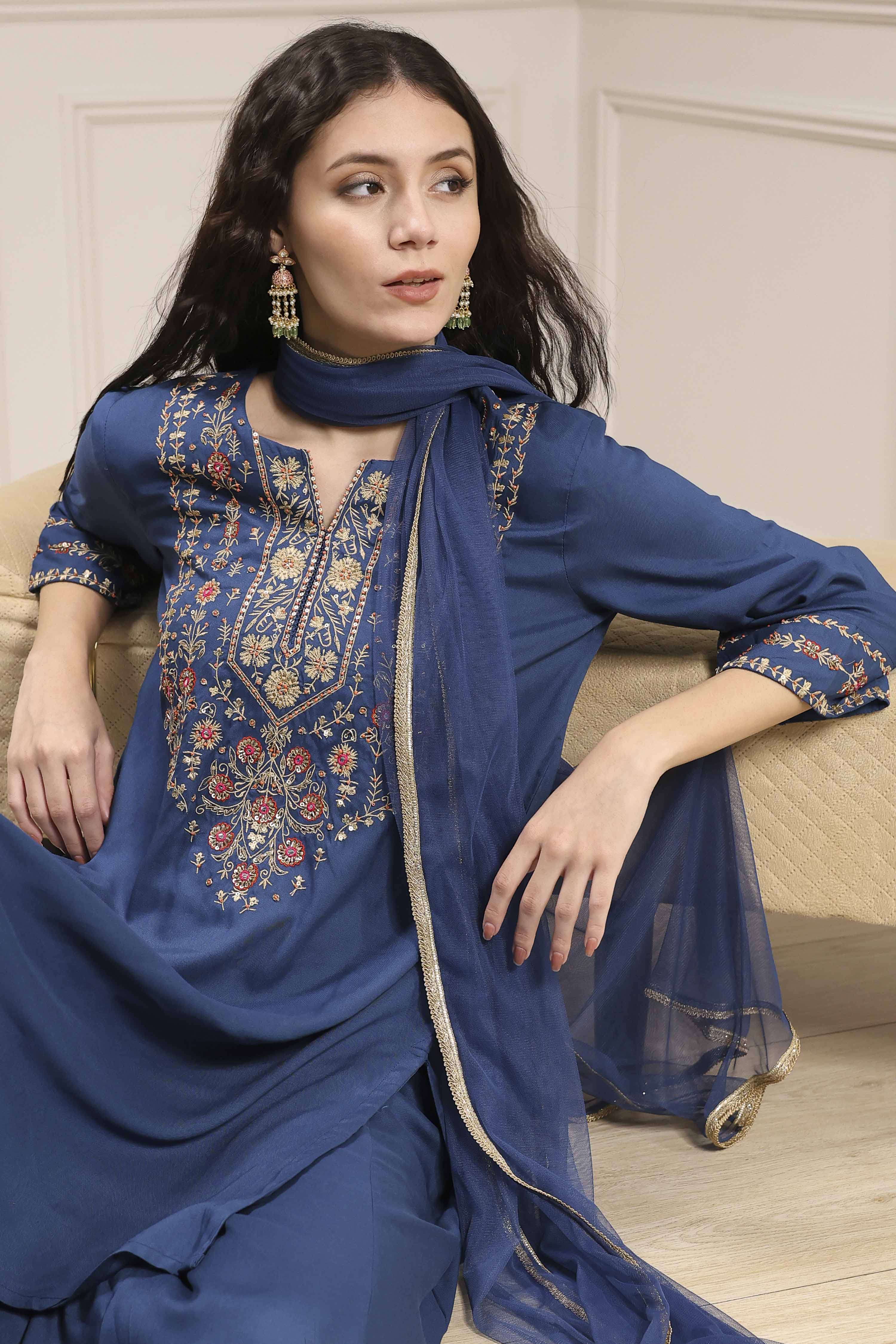 Navy Blue Embroidered Straight Suit Set image number 7