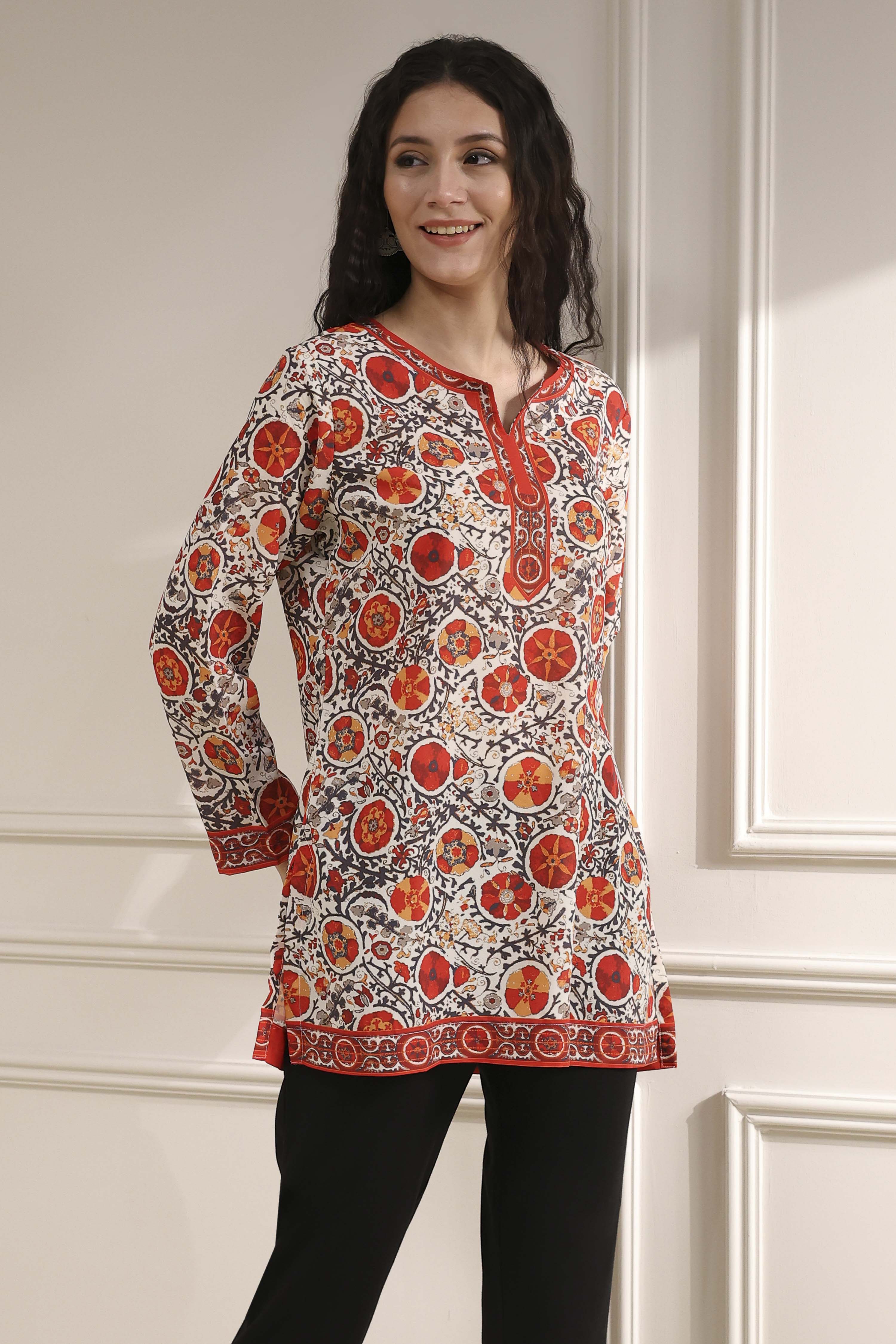 Mustard Red Polyester Straight Printed Short Kurta image number 4