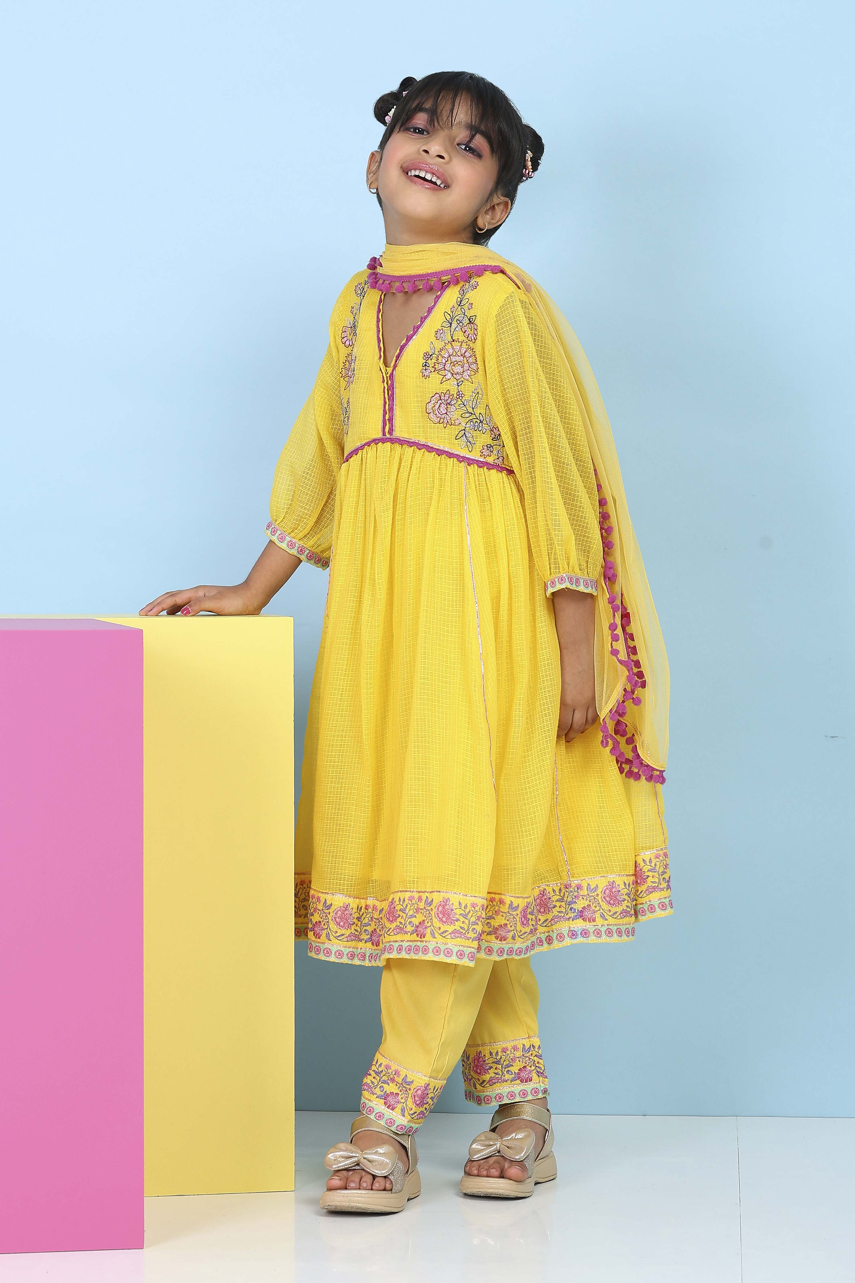 Yellow Cotton Embroidered Kalidar Suit Set image number 3