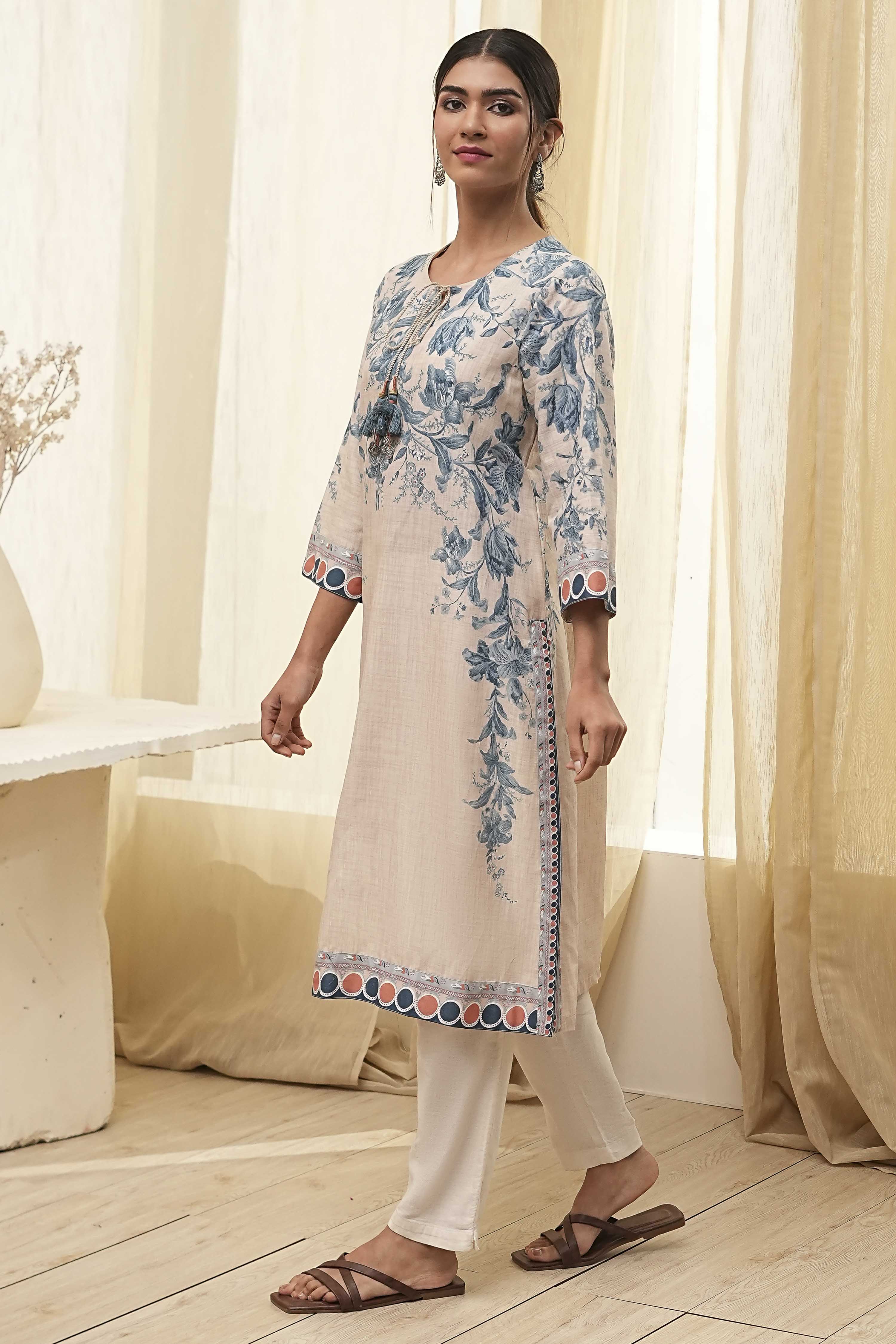 Beige and Blue Cotton Floral Straight Kurta image number 2