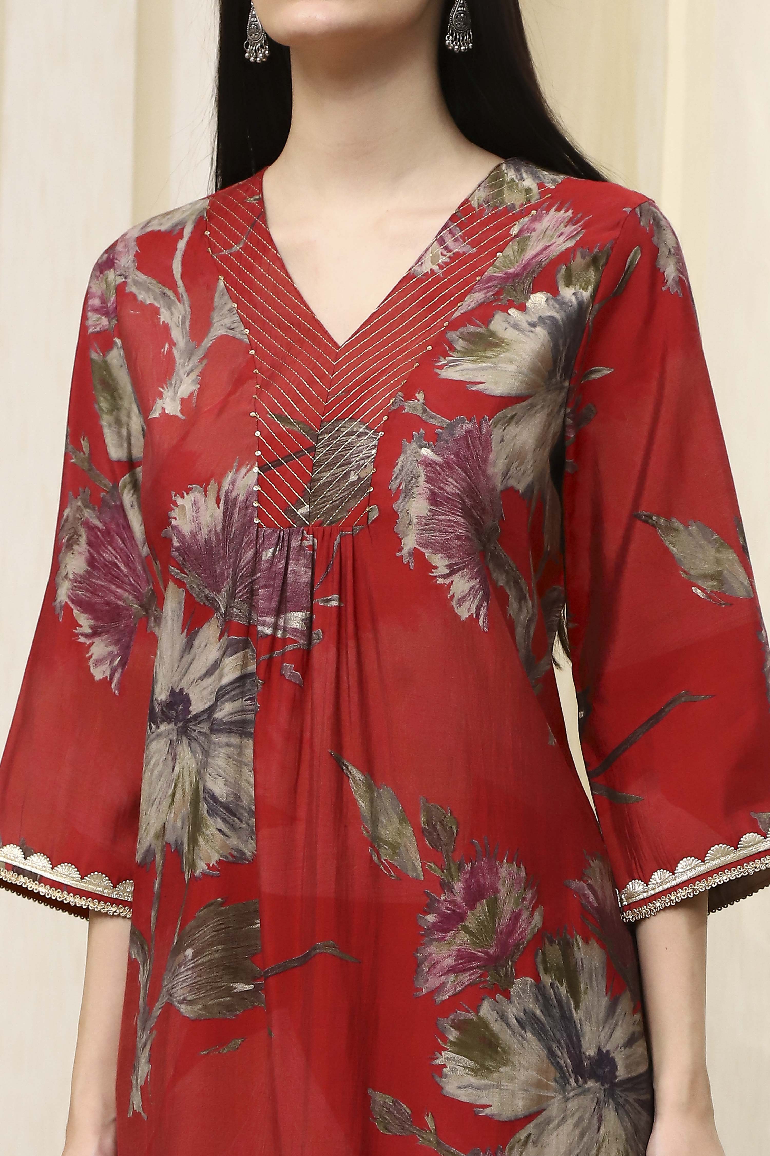 Coral Red Floral Printed Straight Kurta image number 1