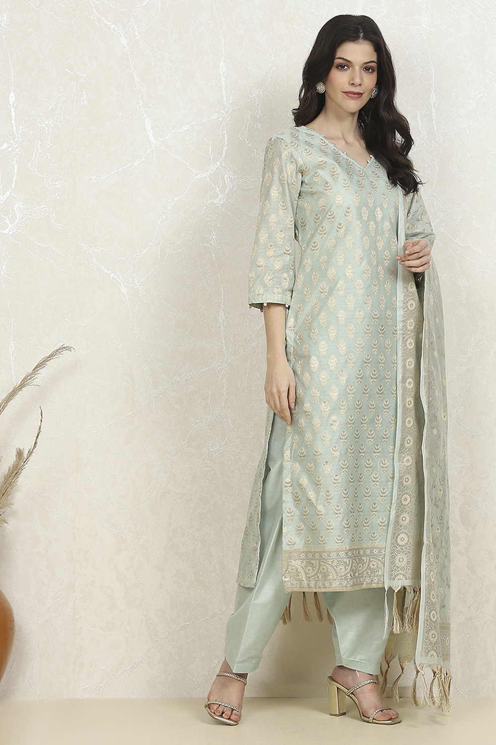 Peach Cotton Printed Embroidered Unstitched Suit Set image number 6
