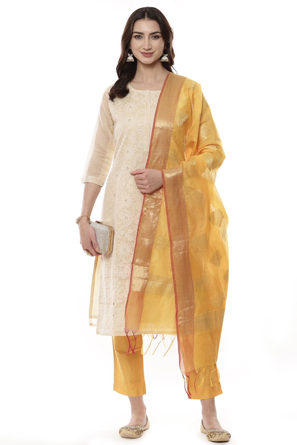 Beige Cotton Blend Machine Embroidered Unstitched Suit Set image number 7