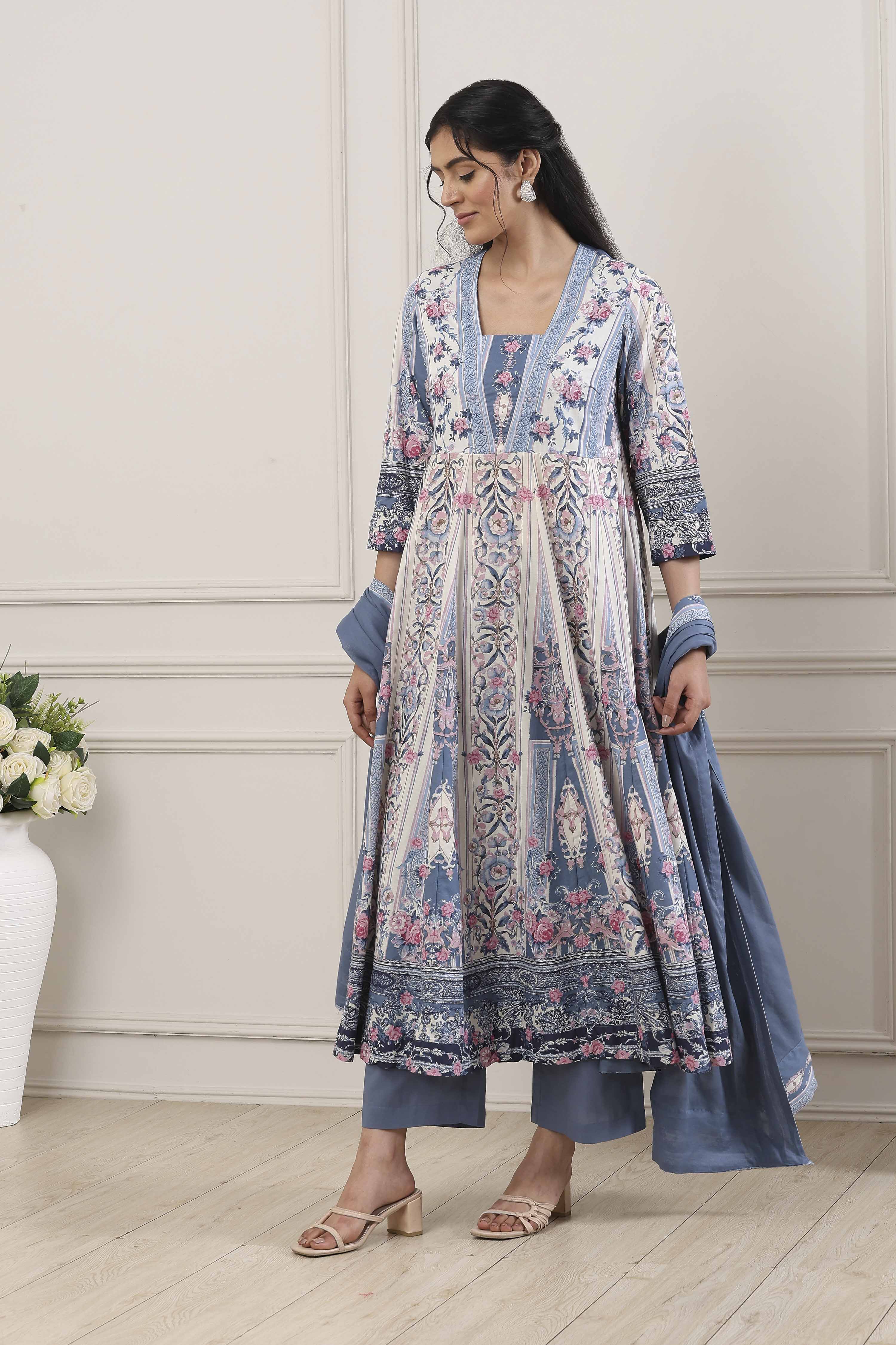 Blue Cotton Floral Printed Anarkali Suit Set image number 3