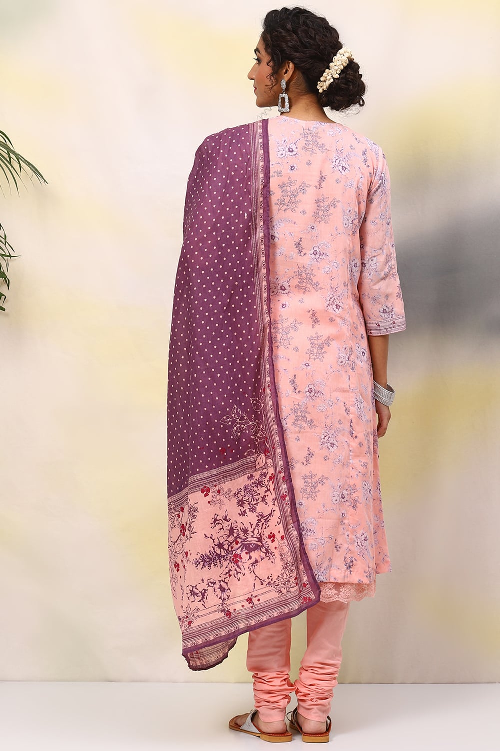 Pink Cotton A-Line Kurta Churidar Suit Set image number 4