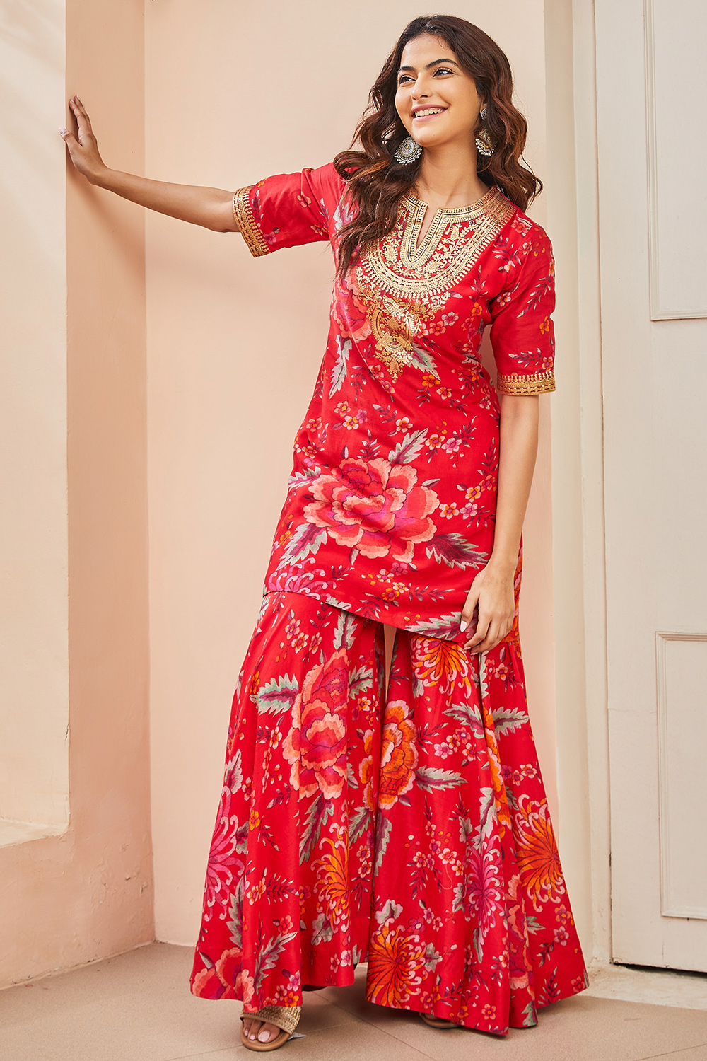 Red Polyester Straight Suit Set image number 1