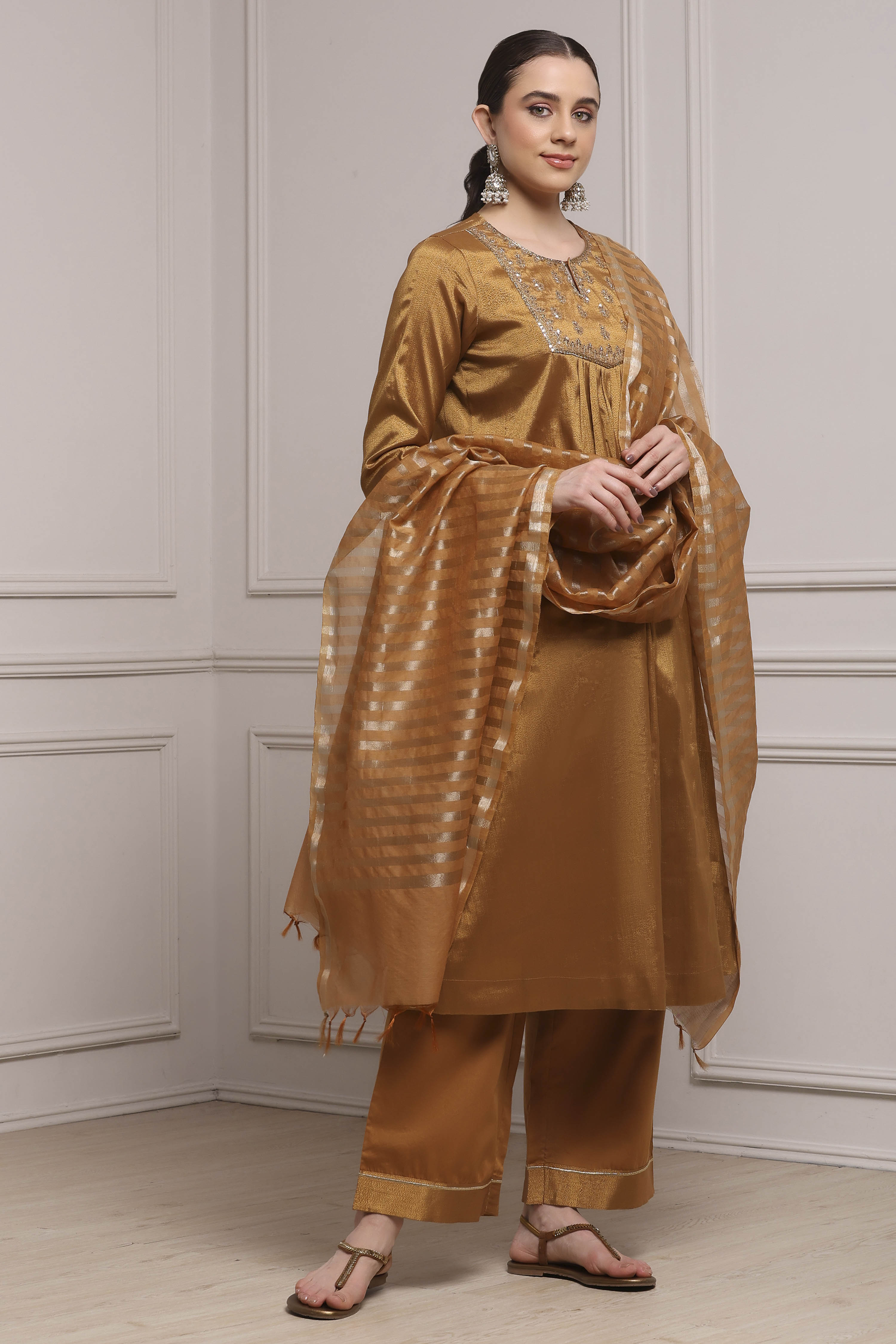 Copper Gold Cotton Tissue Embroidered Gathered Suit Set image number 5
