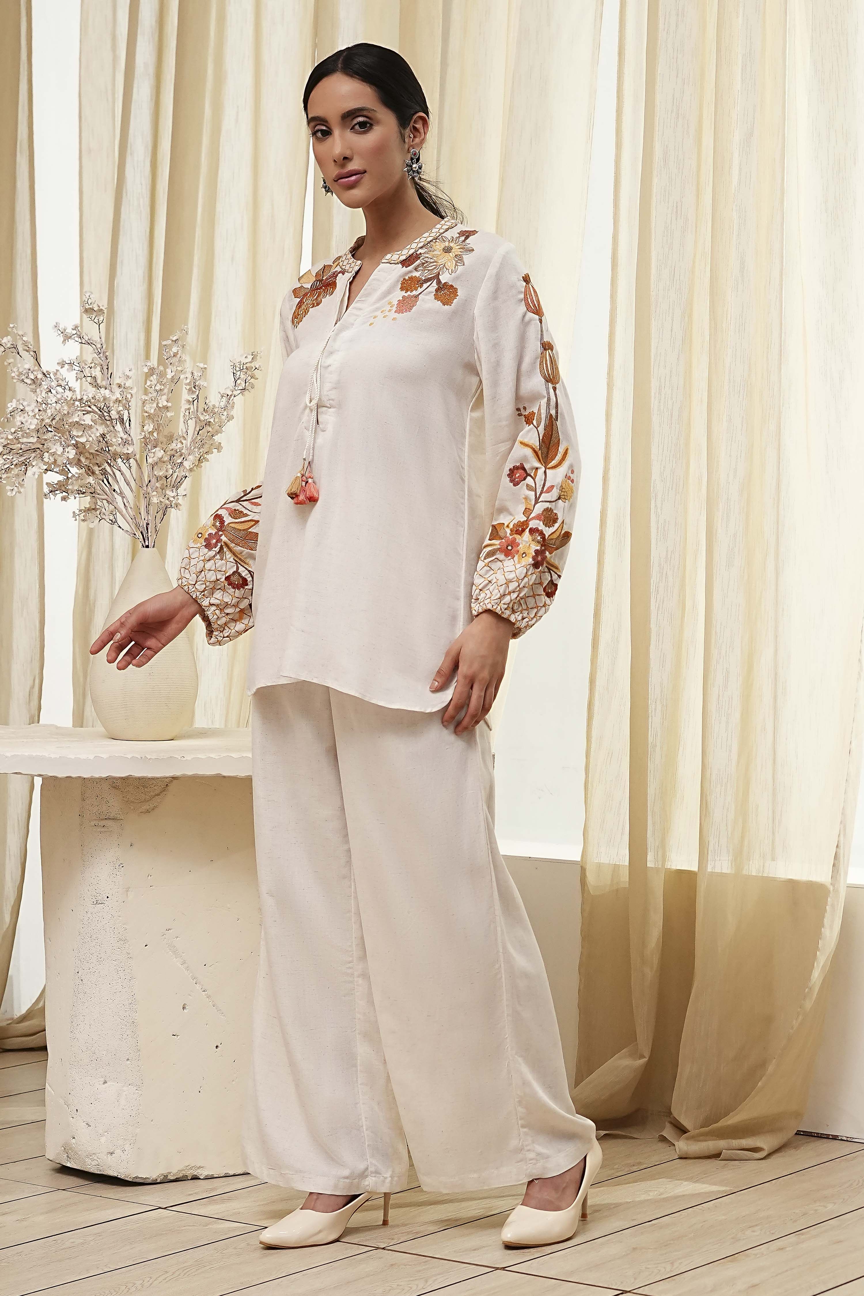 Off-White Embroidered Straight Co-ord Set image number 3