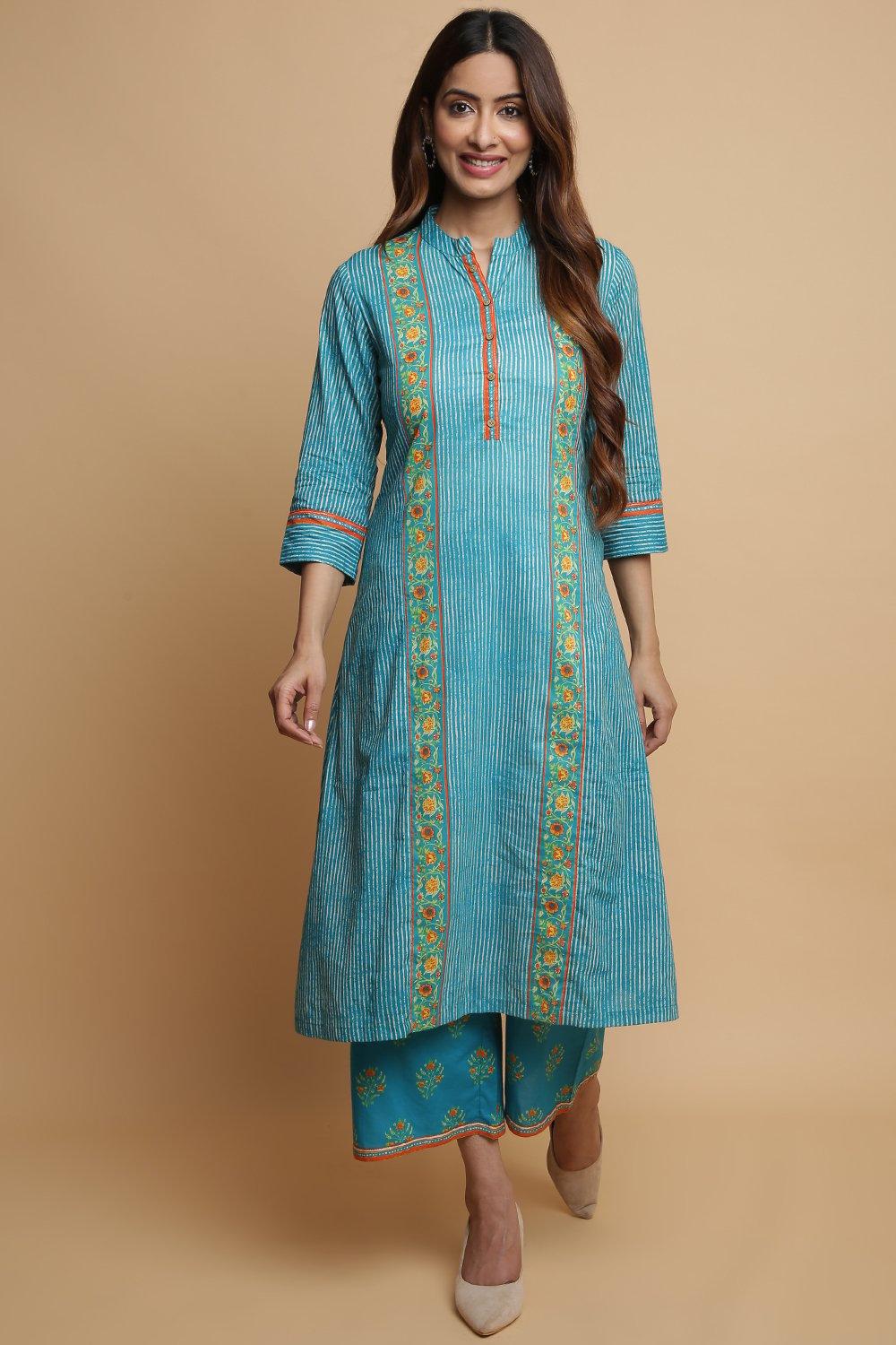 Teal Cotton A-Line Kurta Palazzo Suit Set image number 0