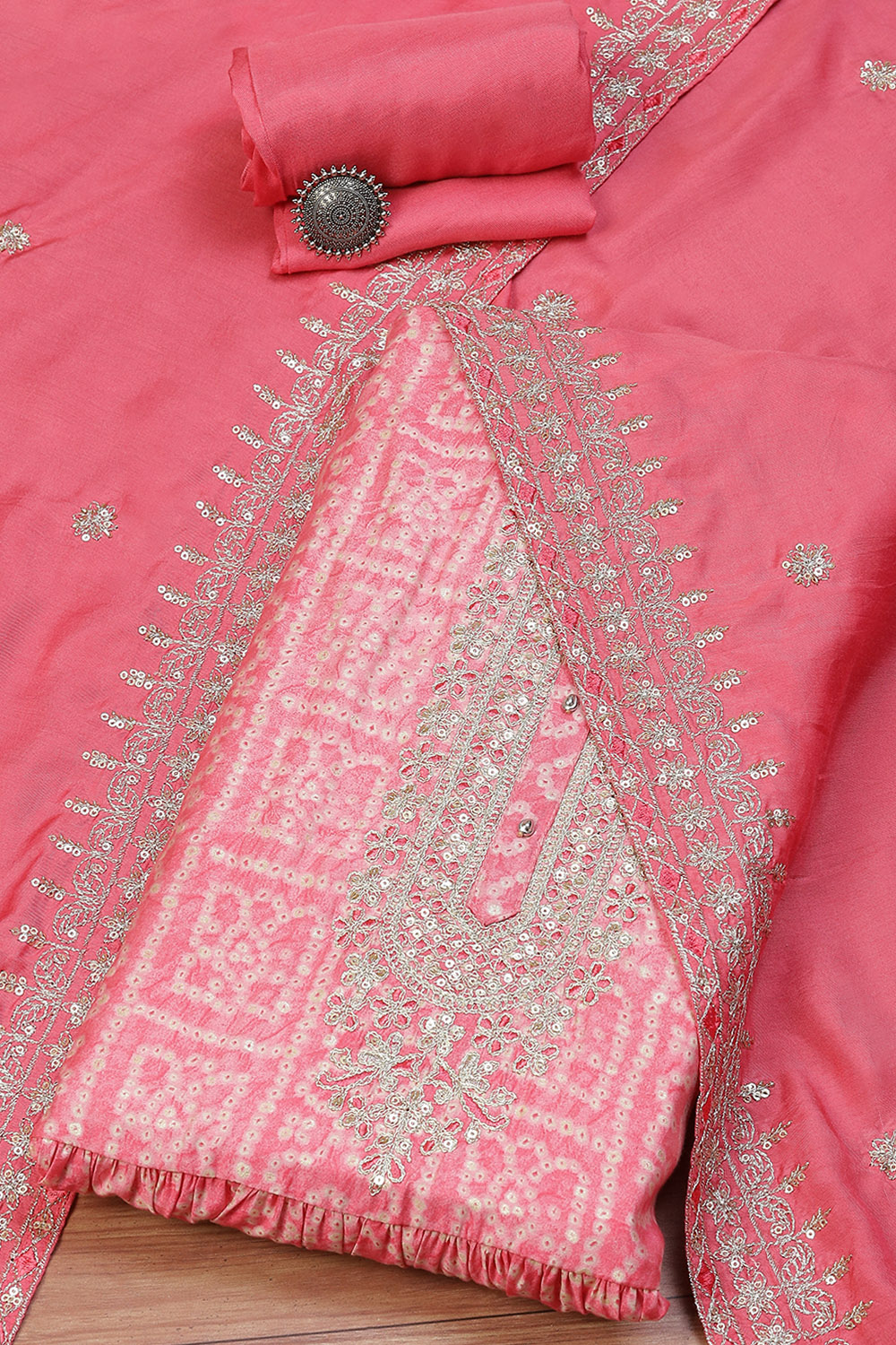 Pink Modal Machine Embroidered Unstitched Suit Set image number 0
