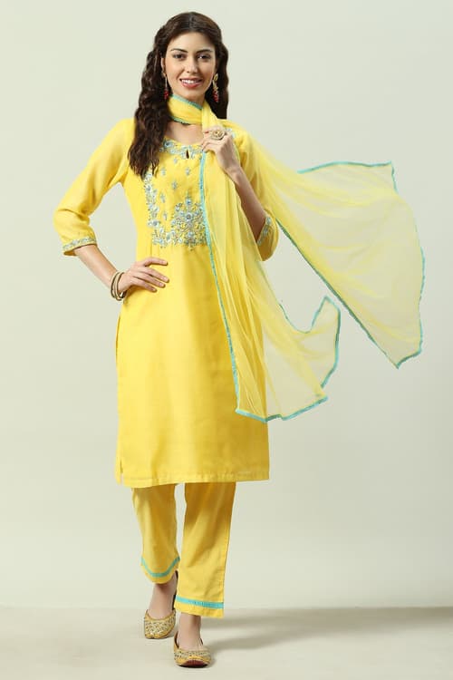 Yellow Cotton Blend A-Line Kurta Pants Suit Set image number 0