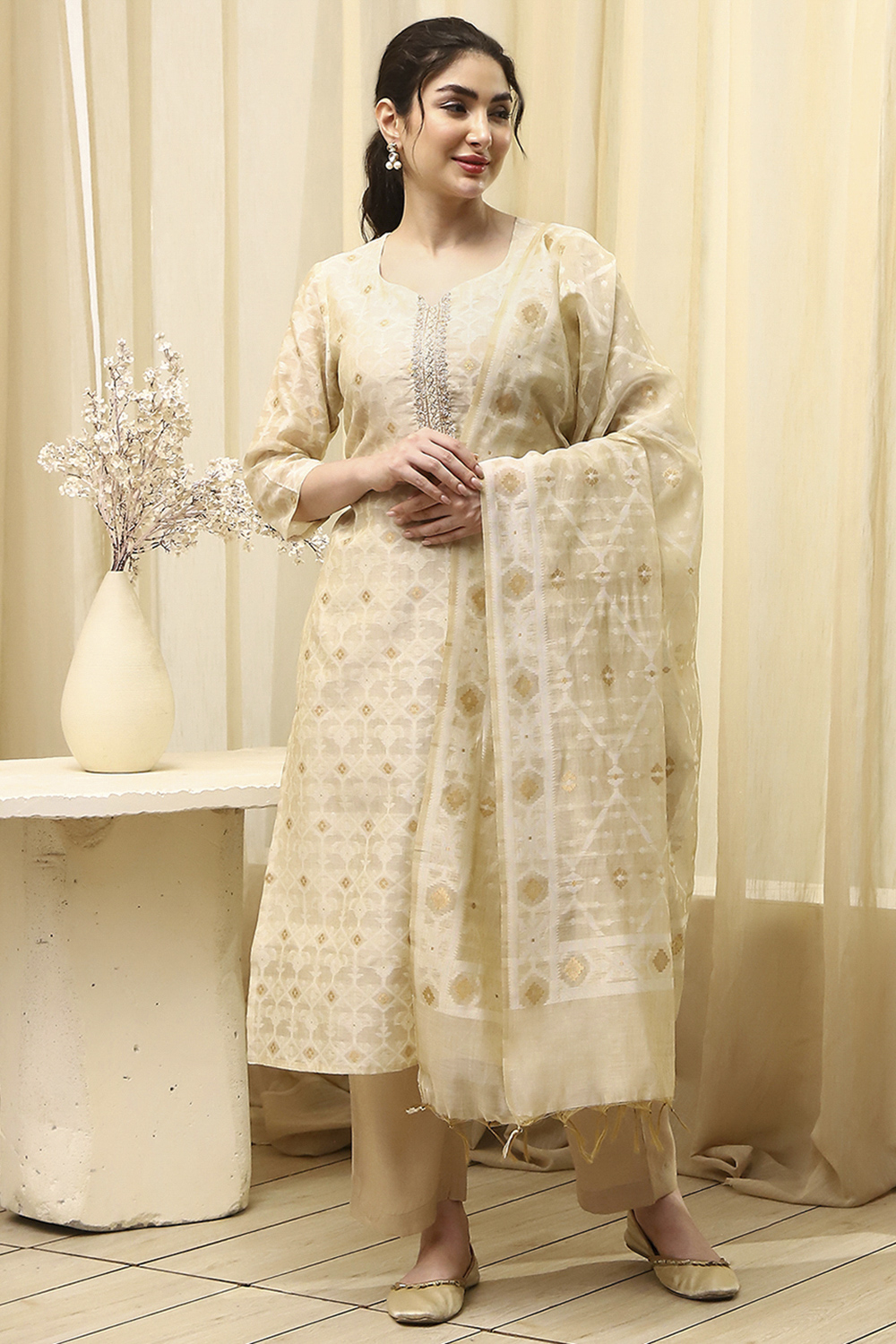 Beige Chanderi Jamdani Unstitched Suit Set image number 2