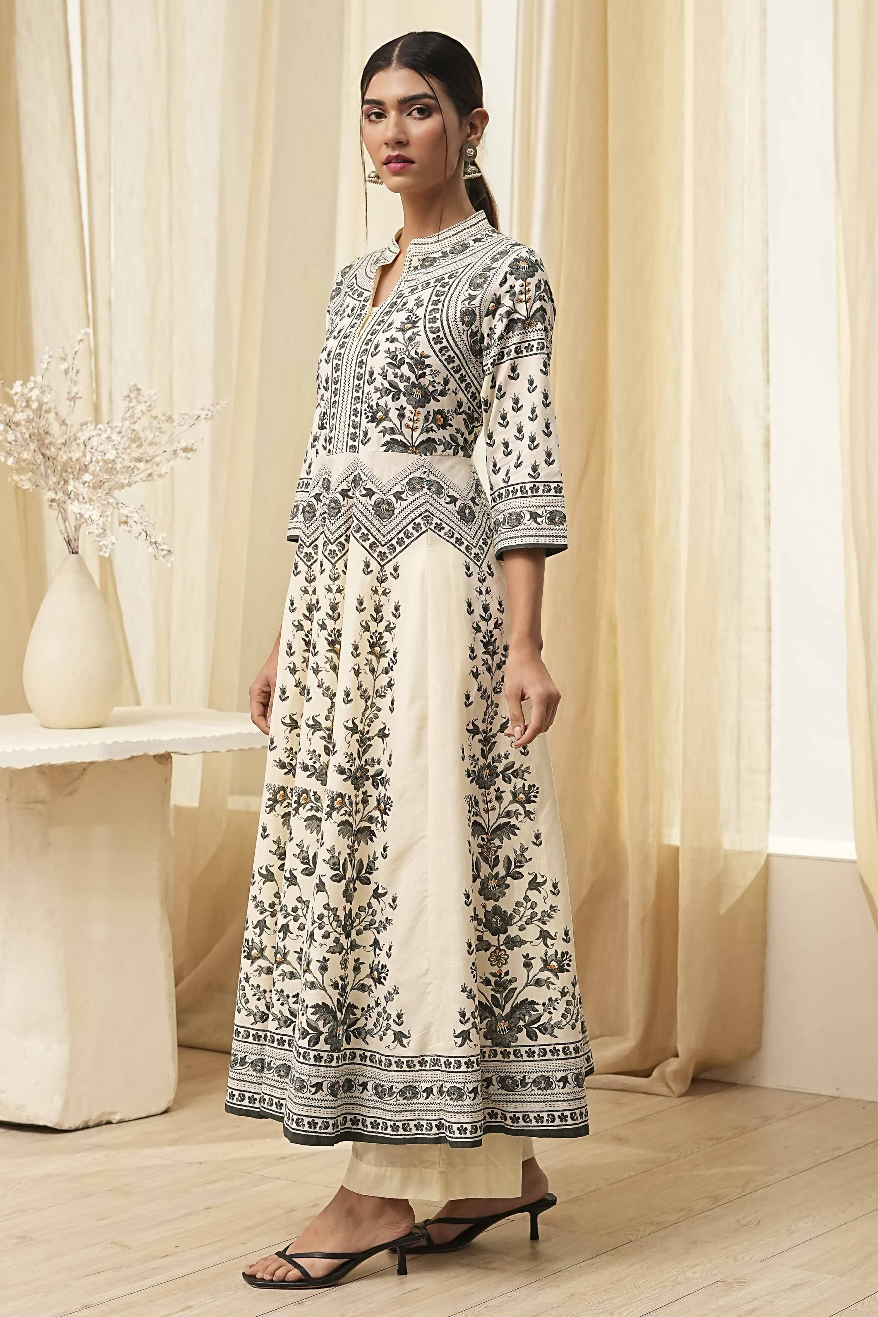 White and Black Cotton Printed Anarkali Kurta Set image number 3