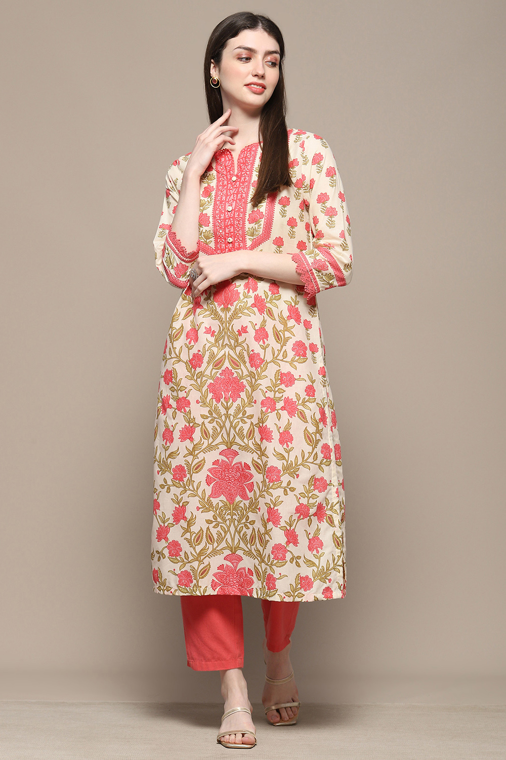 Off-white & Blue Cotton Floral Straight Kurta image number 0