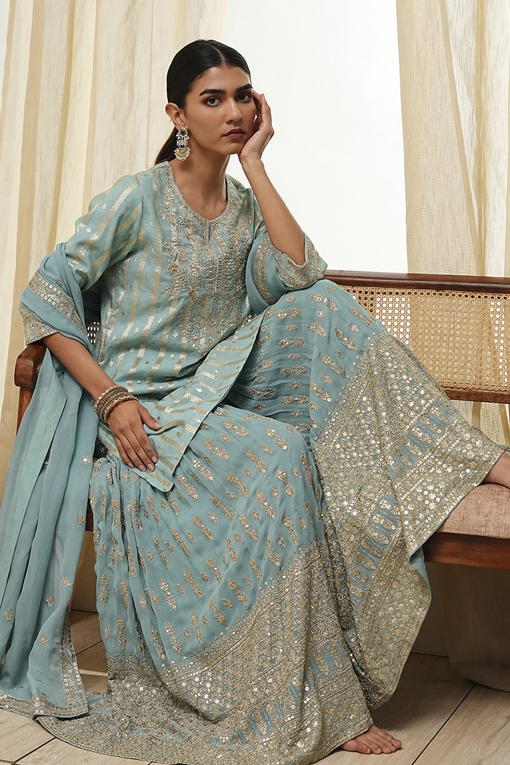 Powder Blue Embroidered Straight Suit Set image number 0