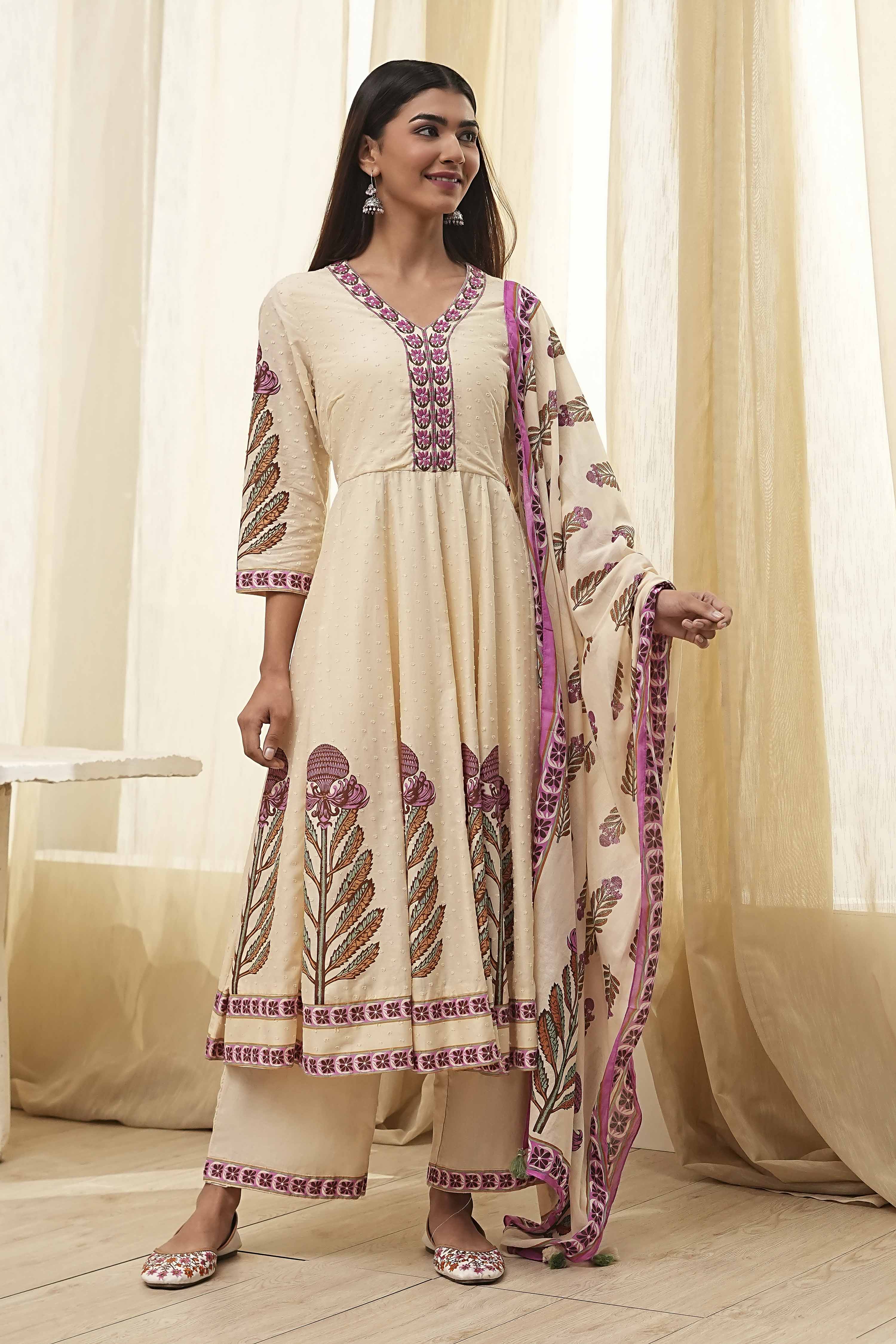 Beige Cotton Printed Anarkali Suit Set image number 6
