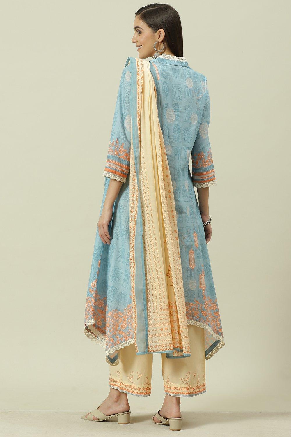 Pale Blue Cotton Kalidar Kurta Palazzo Suit Set image number 4