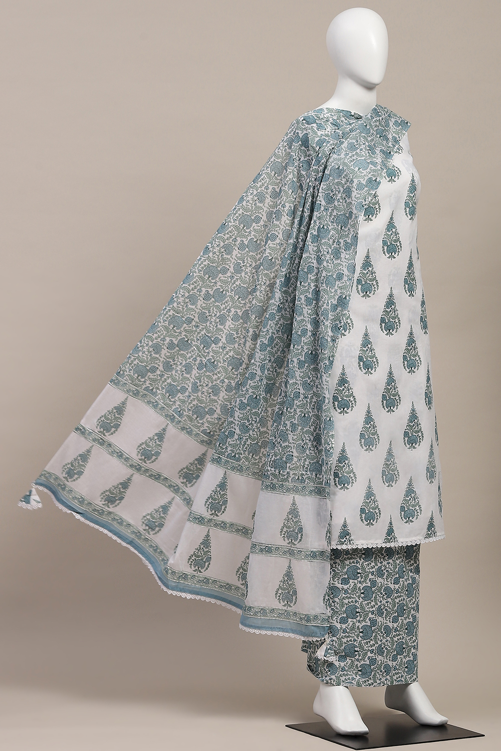 White Cotton Hand Block Print Unstitched Suit Set image number 4