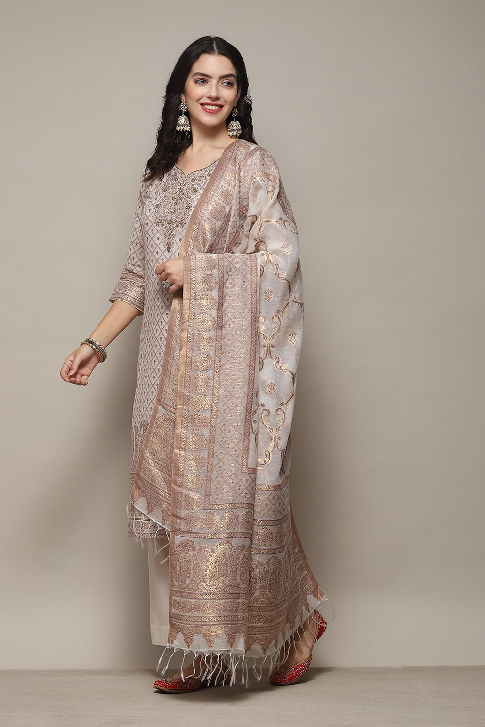 Cream Cotton Silk Straight Yarndyed Kurta Sharara Suit Set image number 4