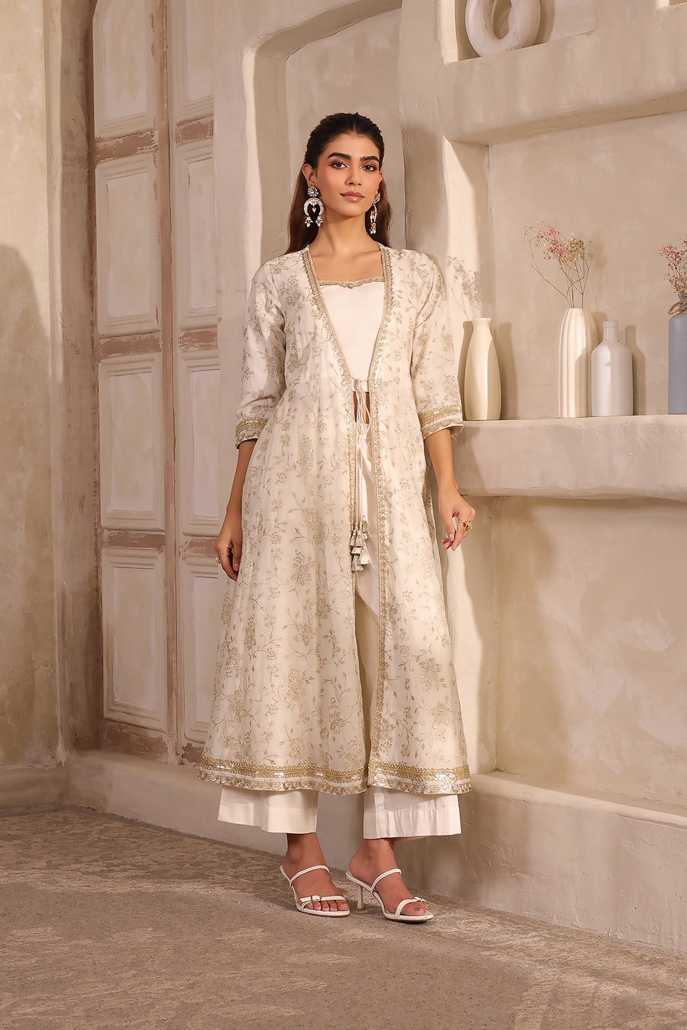 Natural White Embroidered Anarkali Fusion Set image number 0