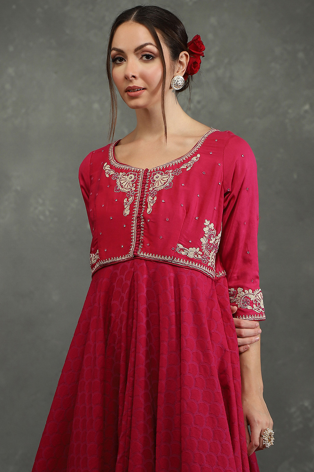 Rohit Bal Pink Silk Chanderi Floral Anarkali Suit Set image number 1