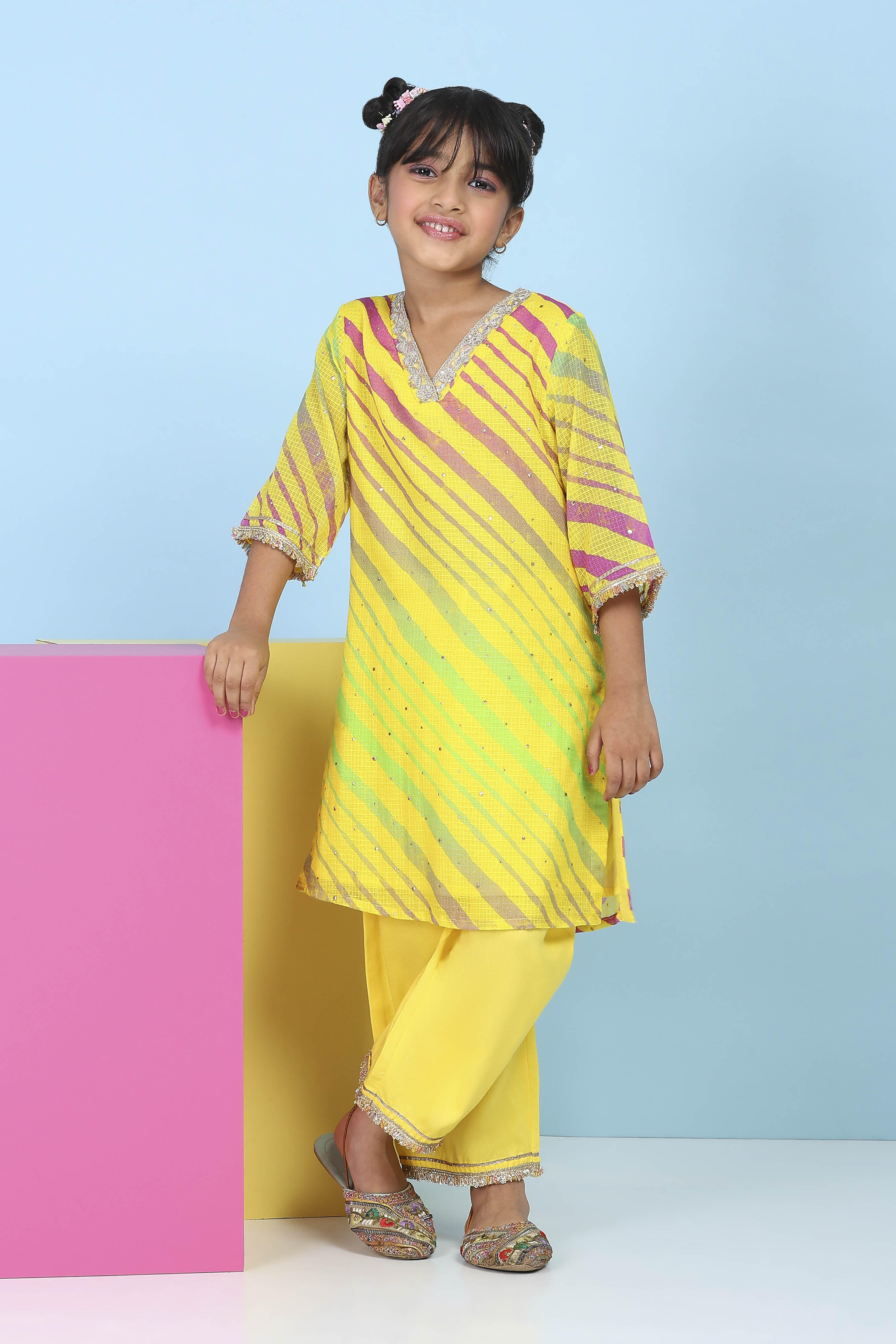 Yellow Cotton Striped Straight Suit Set image number 6