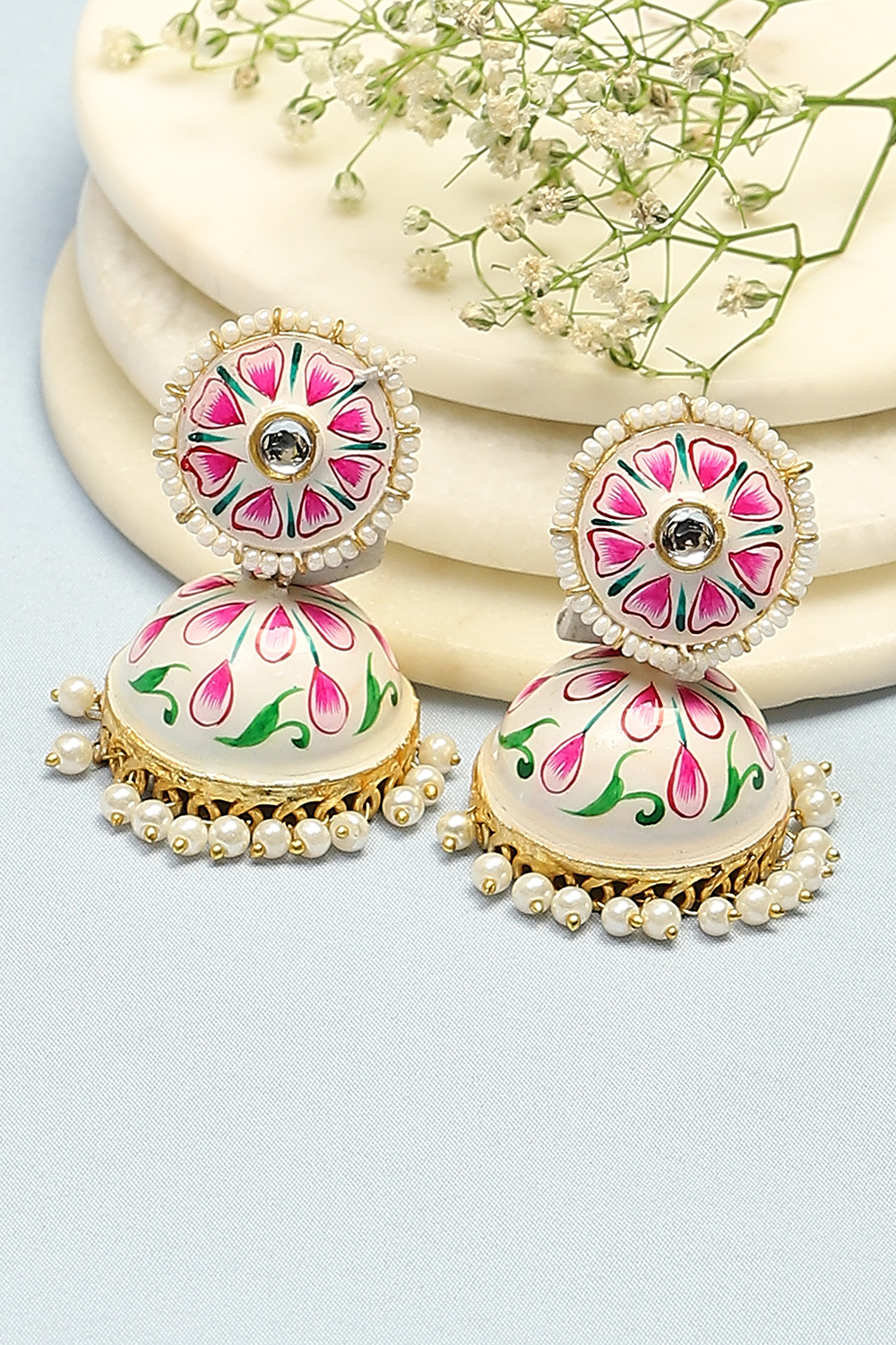 White & Pink Brass Earrings image number 0