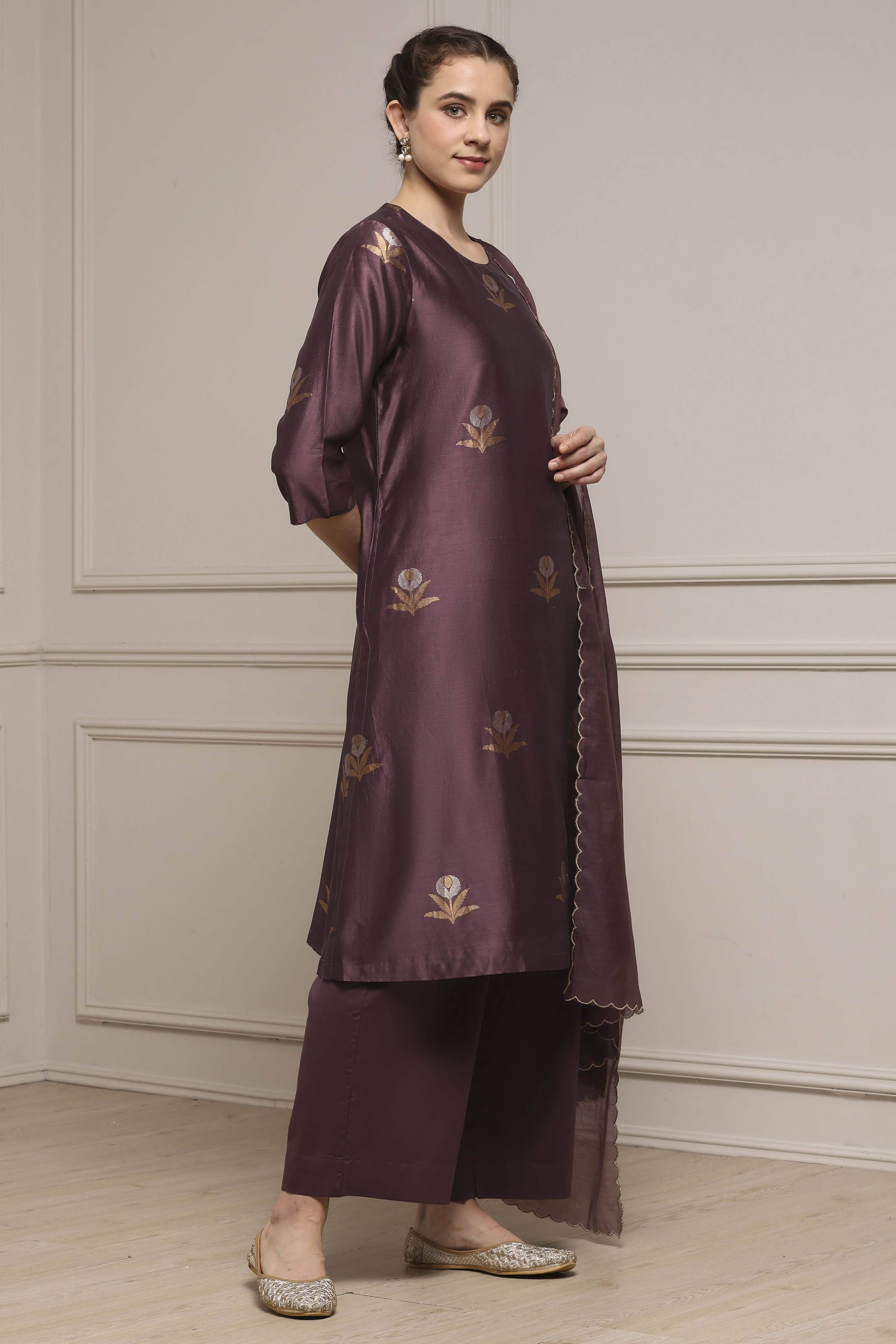 Red Chanderi Printed Straight Suit Set image number 5