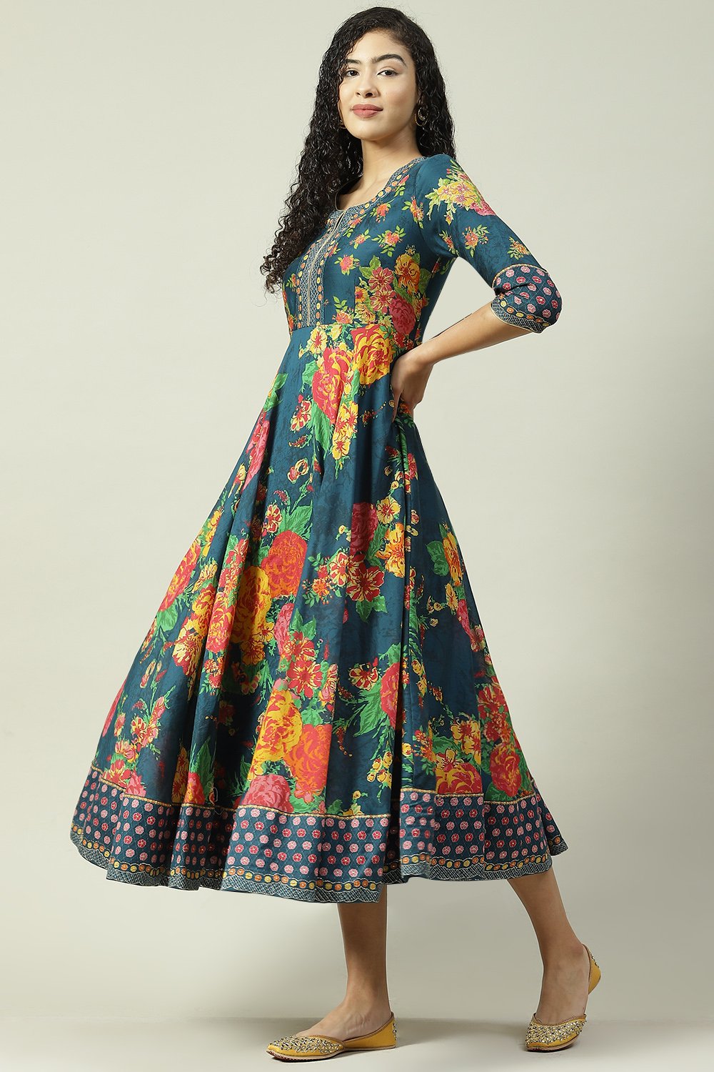 Red Cotton Flared Fusion Printed Dress image number 2